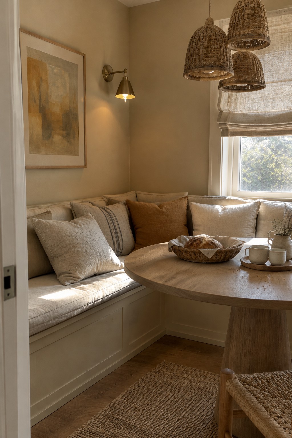 Warm greige walls surround a built-in dining nook with a wood floor.
