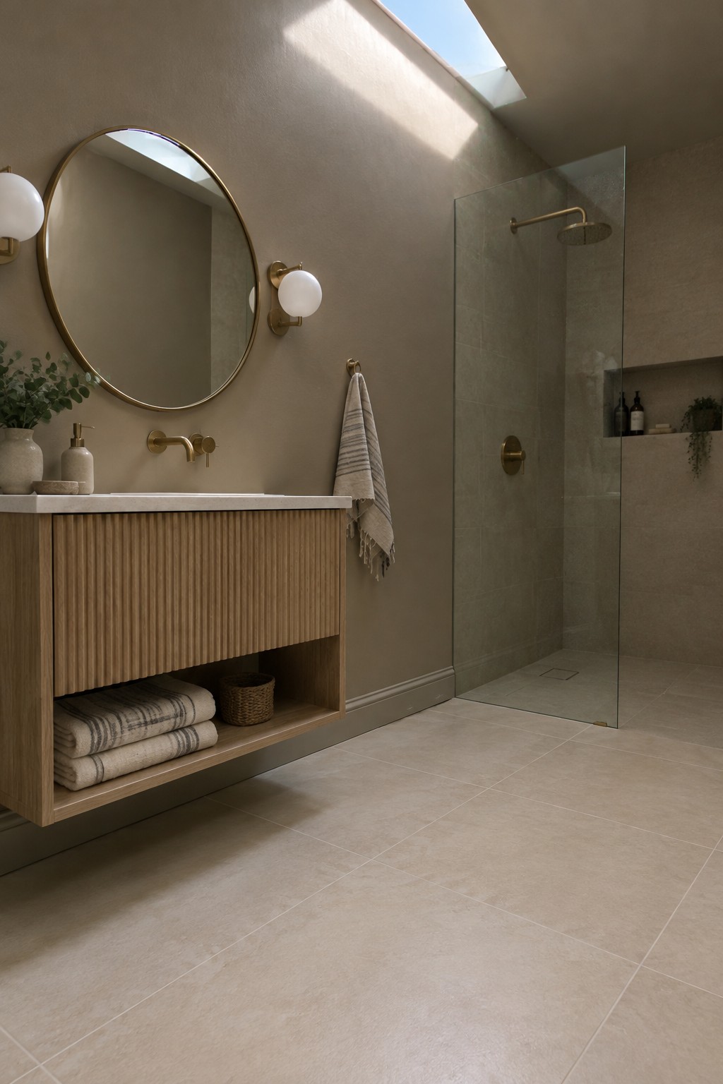Warm greige bathroom walls paired with a natural oak vanity and light stone tile.