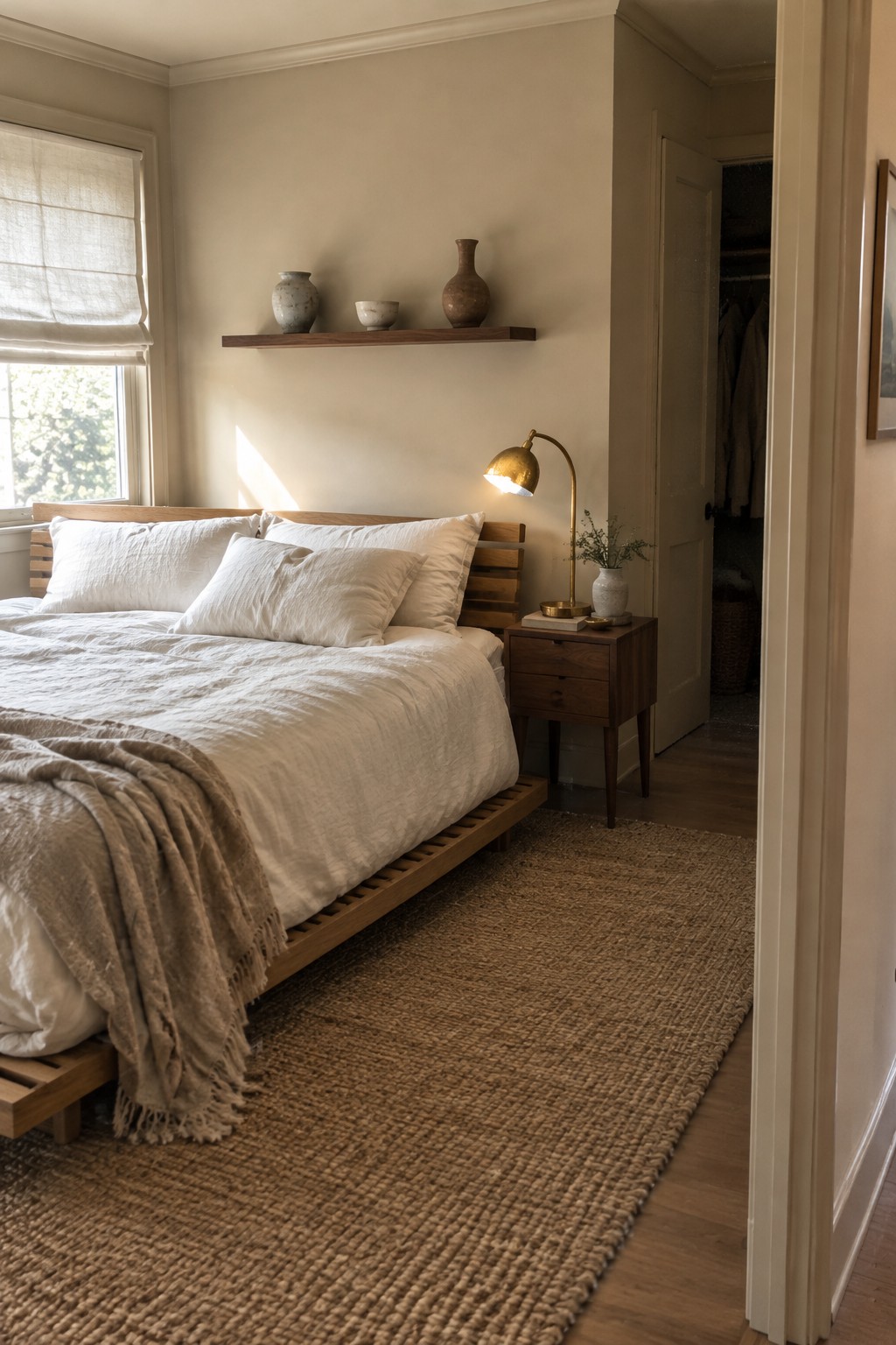 Warm greige bedroom walls beside a dark walnut bed and pale wood flooring.