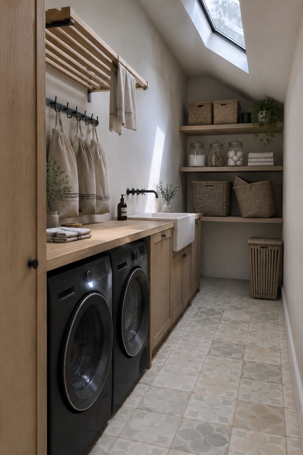 A narrow laundry room with black front-loading machines beneath a wood counter, a farmhouse sink, wall hooks, and open shelves with baskets.
