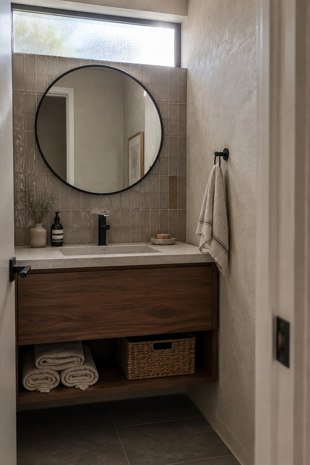 A small bathroom vanity with muted square wall tiles, a round black-framed mirror, a dark wood cabinet, and a black faucet.