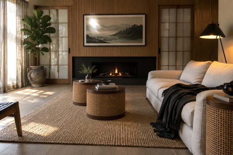 A living room with a wood-slat fireplace wall, black fireplace surround, framed landscape print, cream sofa, and woven coffee tables.