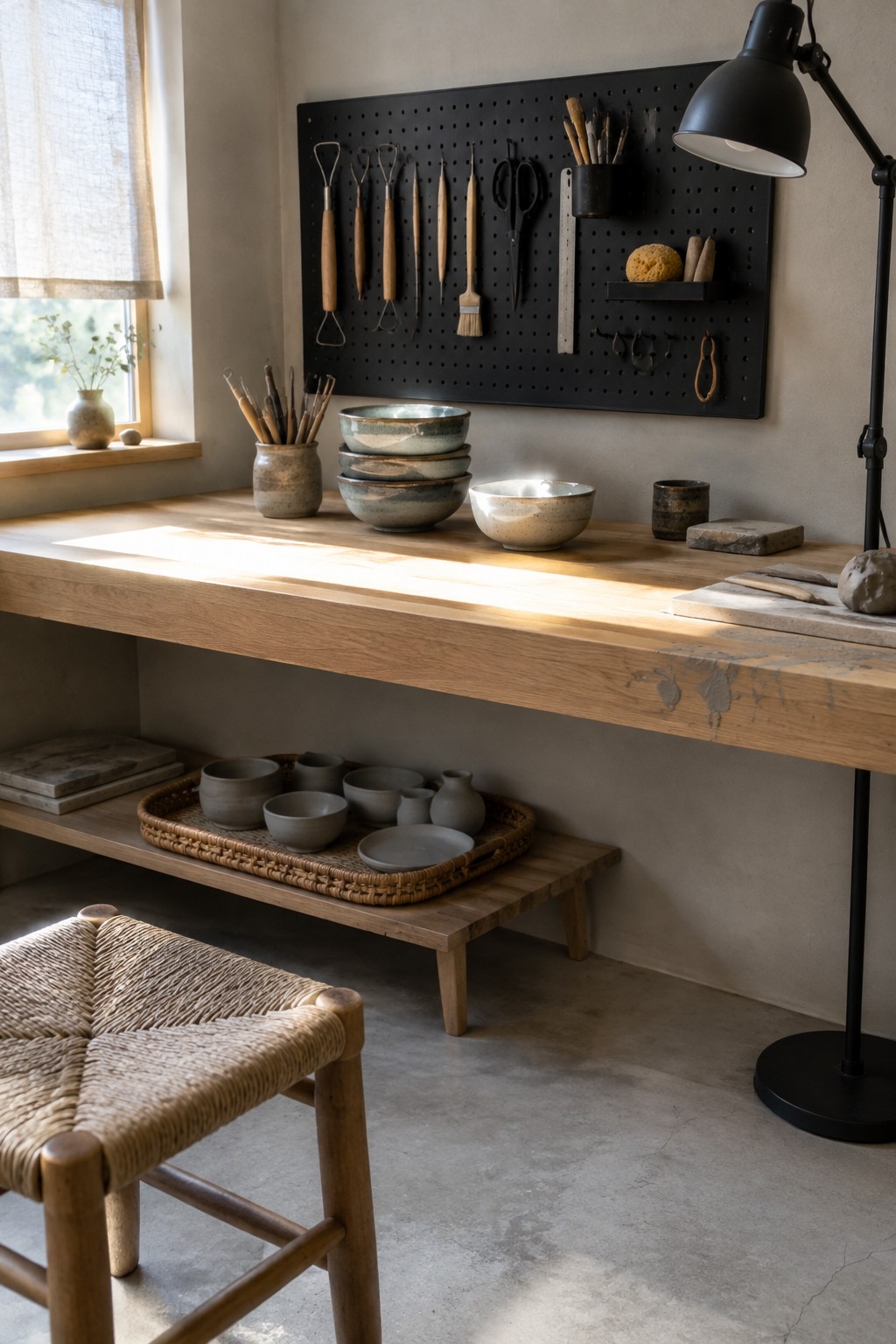 A craft workspace with a black pegboard holding tools above a wooden workbench with ceramic bowls.
