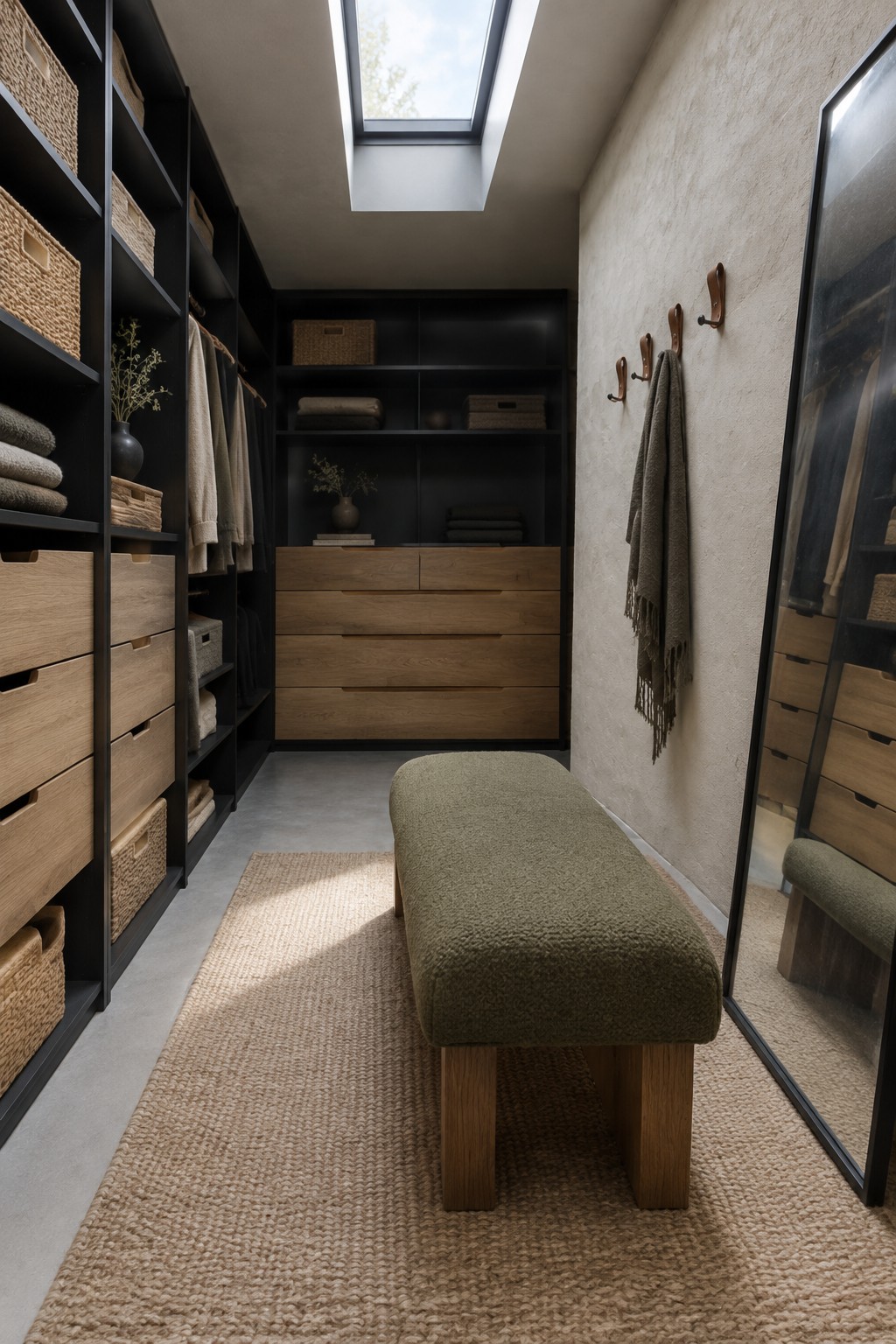 A narrow walk-in closet with black built-in shelving, wood drawers, woven baskets, a skylight, and a green upholstered bench.