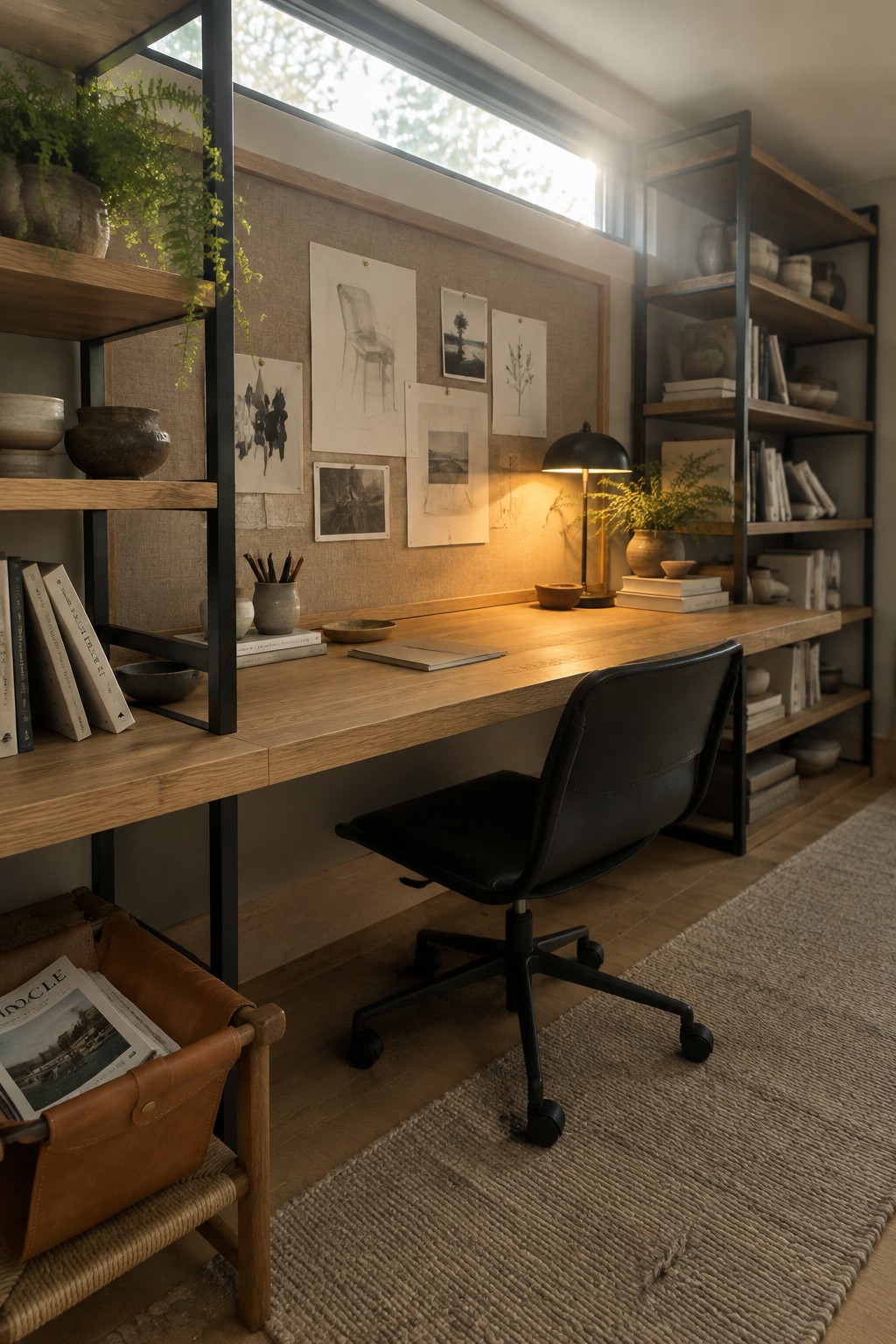 A wood desk with black metal shelving, a black office chair, pinned sketches, and a desk lamp.