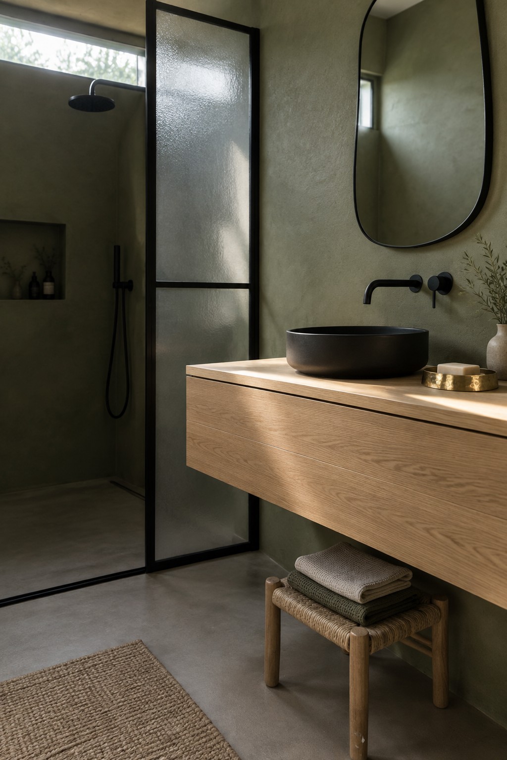 A bathroom with a black-framed textured glass shower screen, a floating wood vanity, and a black vessel sink.