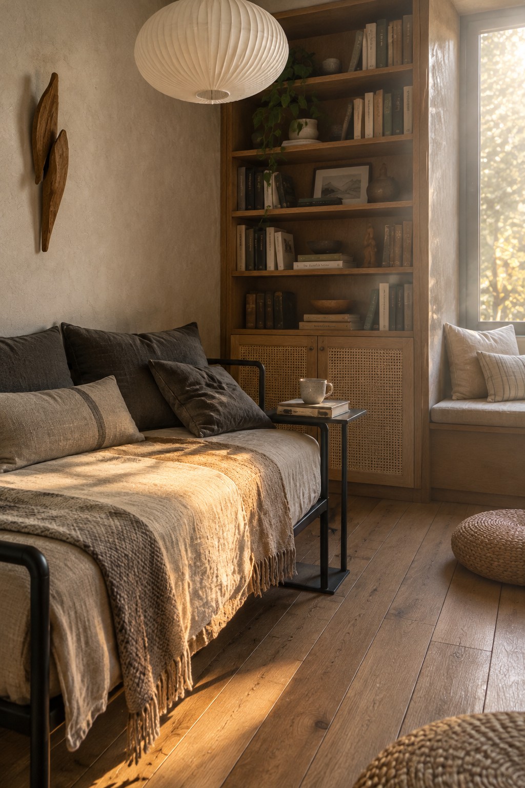 A black metal daybed with neutral textured bedding sits beside a wooden bookcase and a small side table.