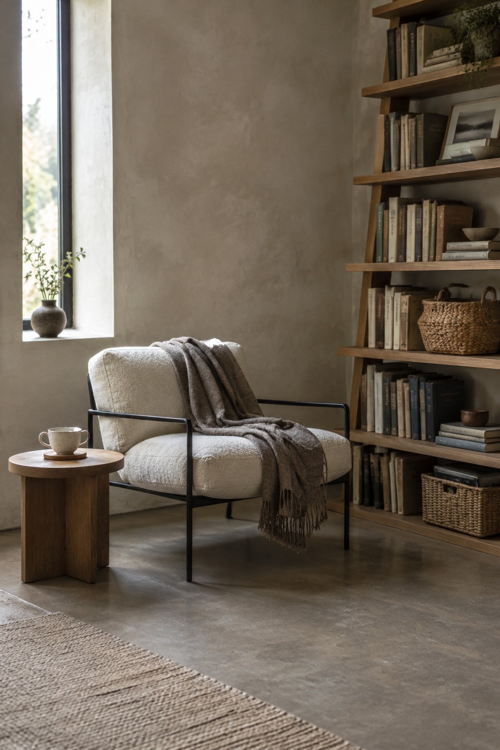 A cream upholstered armchair with a dark metal frame sits beside a wooden side table and tall bookshelf.