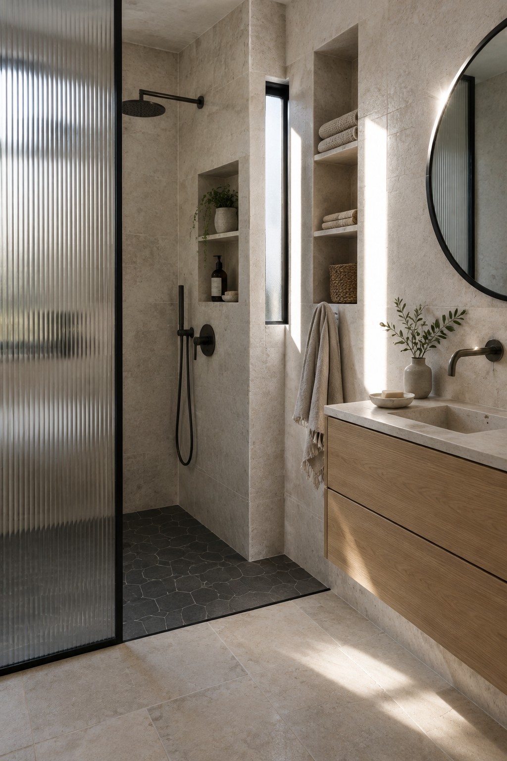 A beige stone-tiled bathroom with a recessed shower niche, black fixtures, a ribbed glass screen, and a wood vanity.