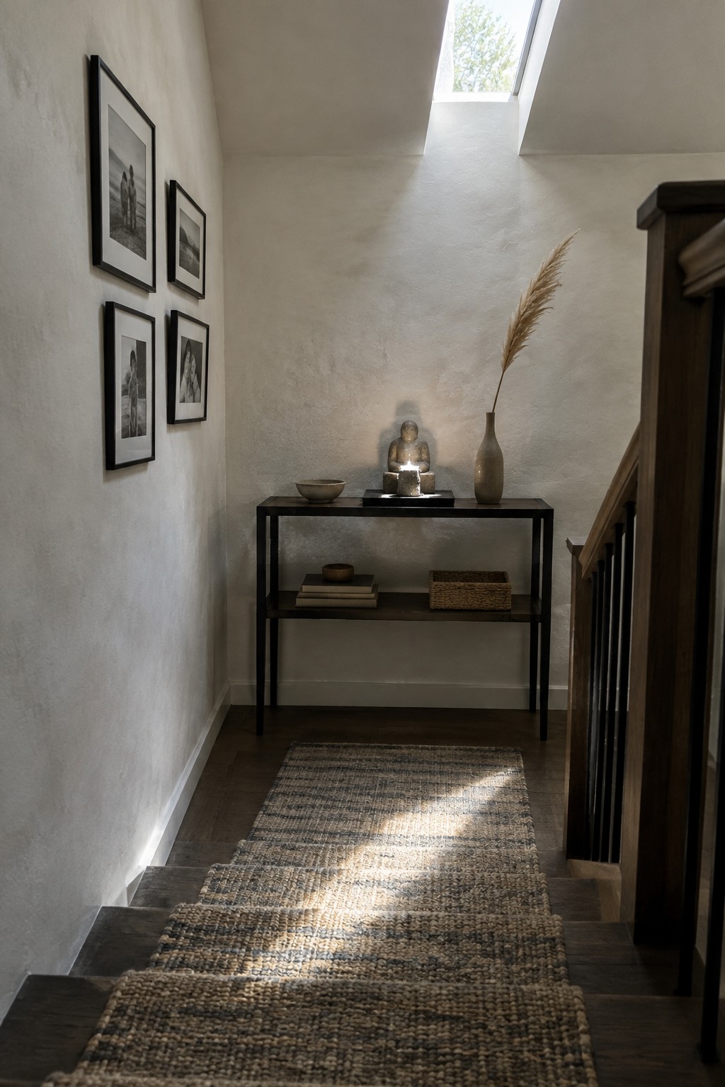 A woven runner covers a dark wooden staircase leading to a small landing with a black console table and framed photographs.