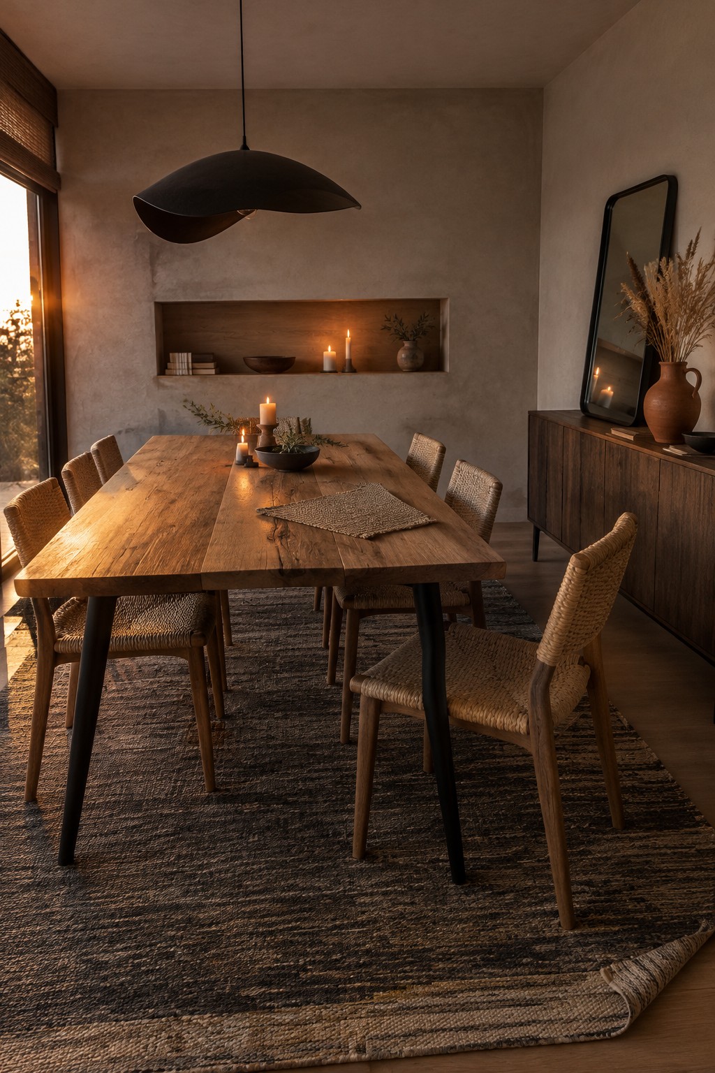 A wooden dining table with woven chairs, black pendant light, candles, and a dark wood sideboard in a warm-toned room.