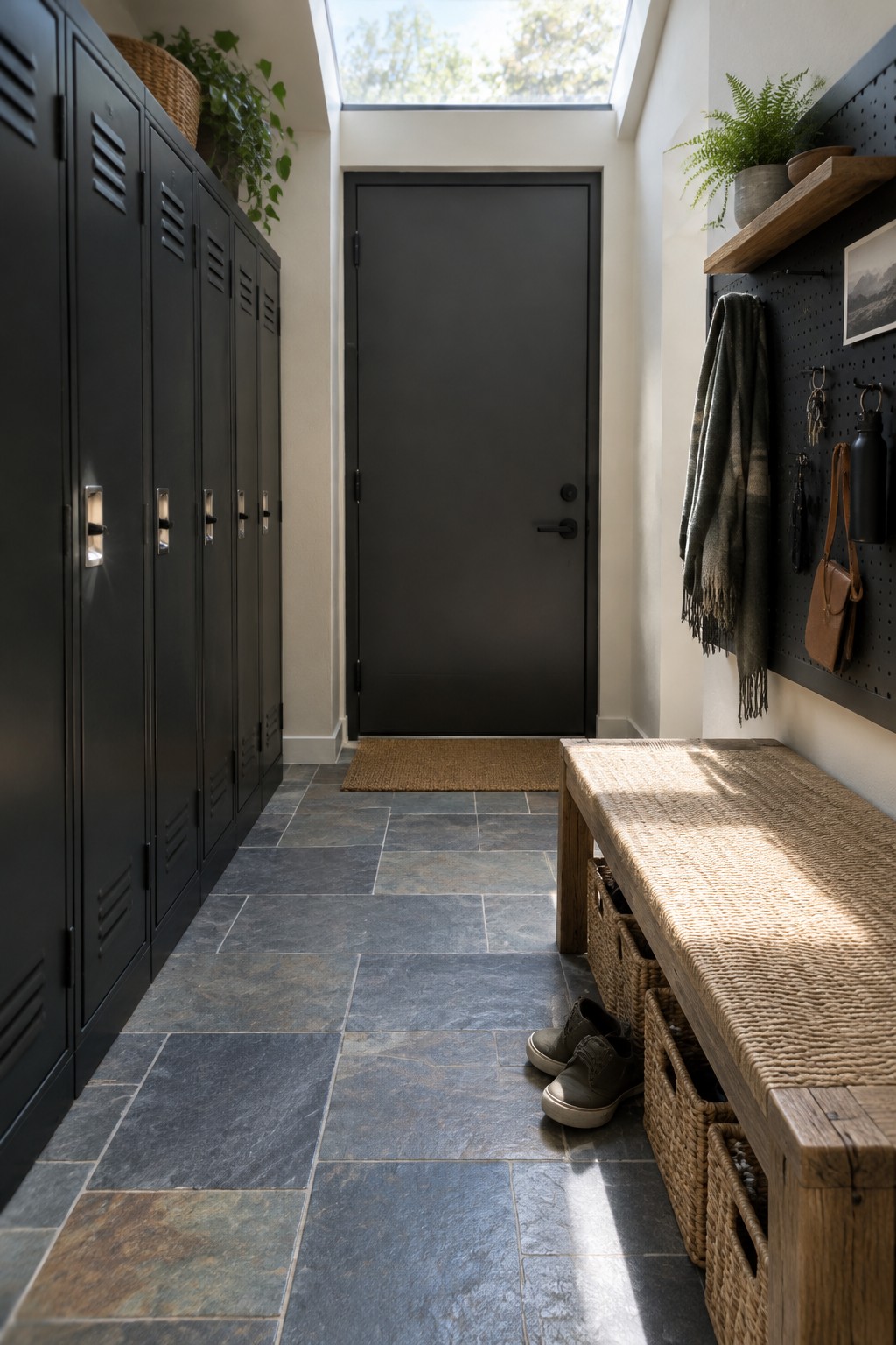A narrow entryway with dark lockers, a black pegboard, a woven bench, baskets, and slate floor tiles.