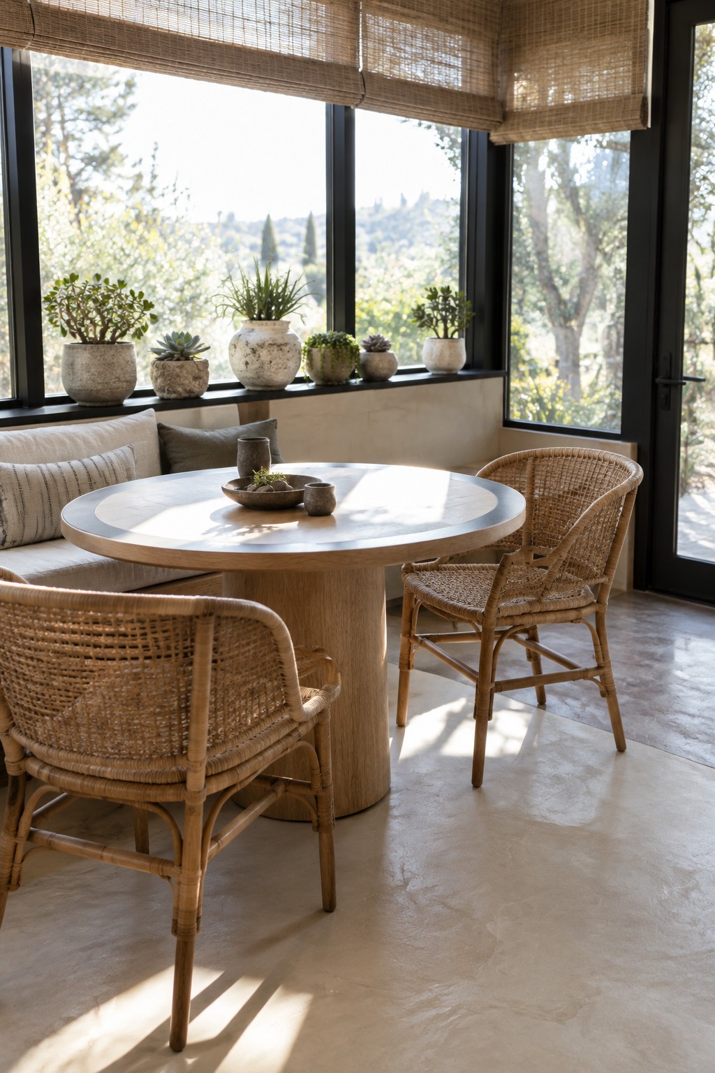 A round wood dining table sits beside a cream upholstered banquette, with woven chairs, potted plants, and black-framed windows.