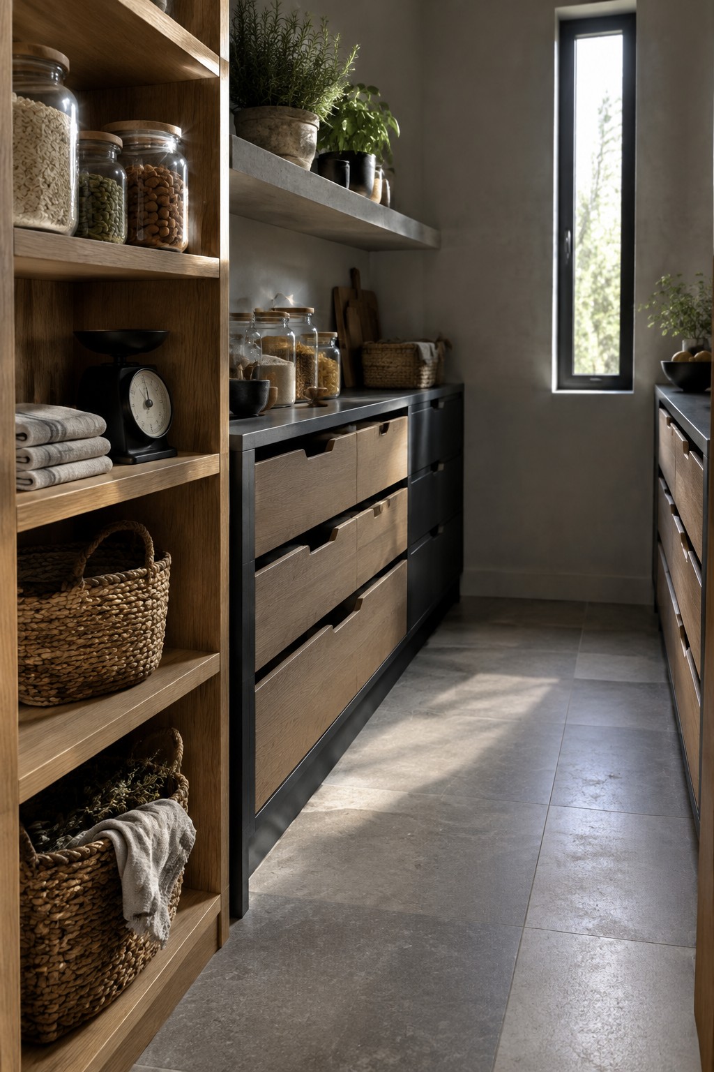 A narrow kitchen pantry with open oak shelving, glass food jars, woven baskets, wood-front drawers, and a tall window.