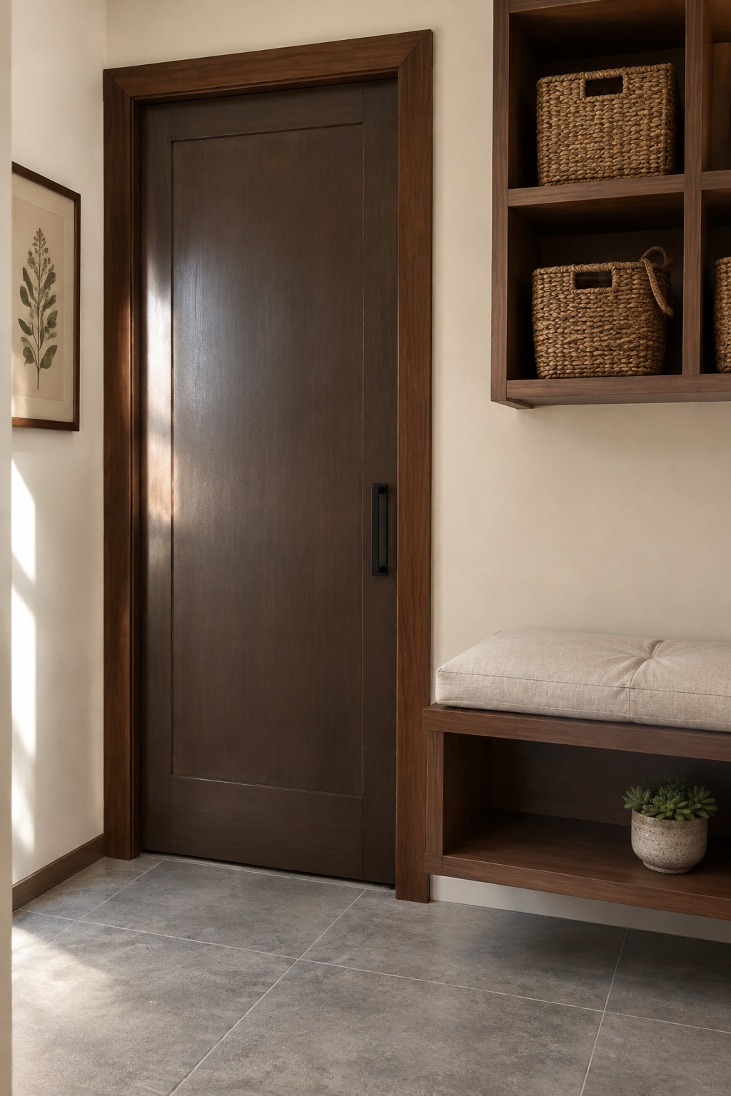 Warm greige walls beside a dark walnut door and built-in bench in an entryway.