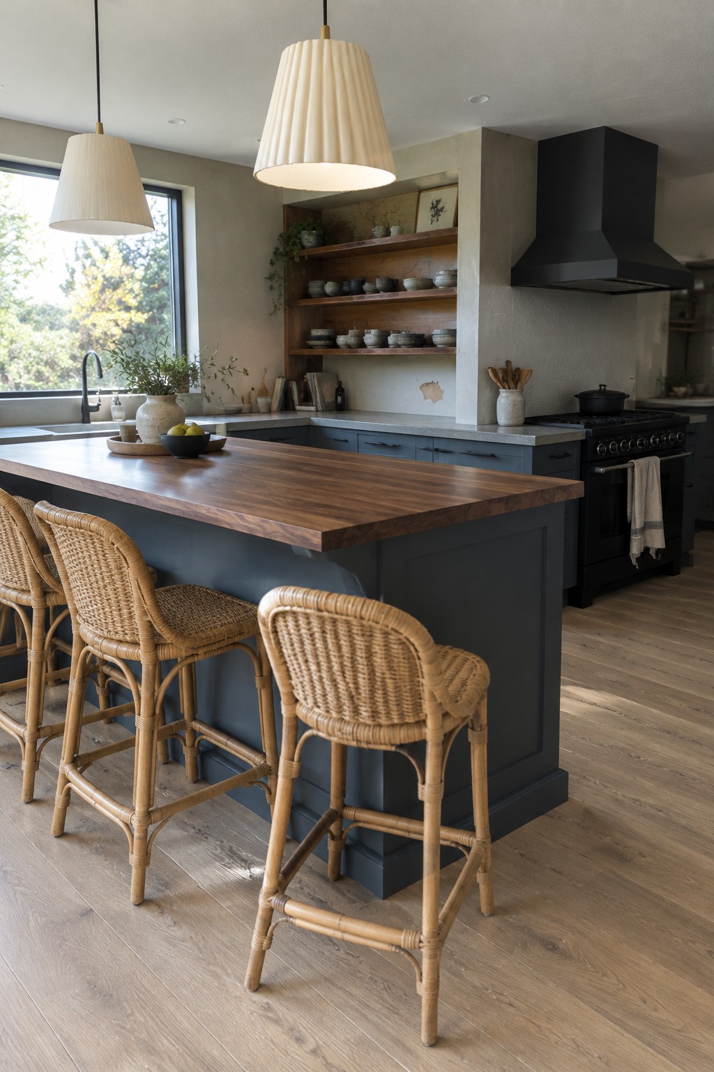 Blue-gray kitchen cabinets sit behind a rich walnut island in a light-filled kitchen.