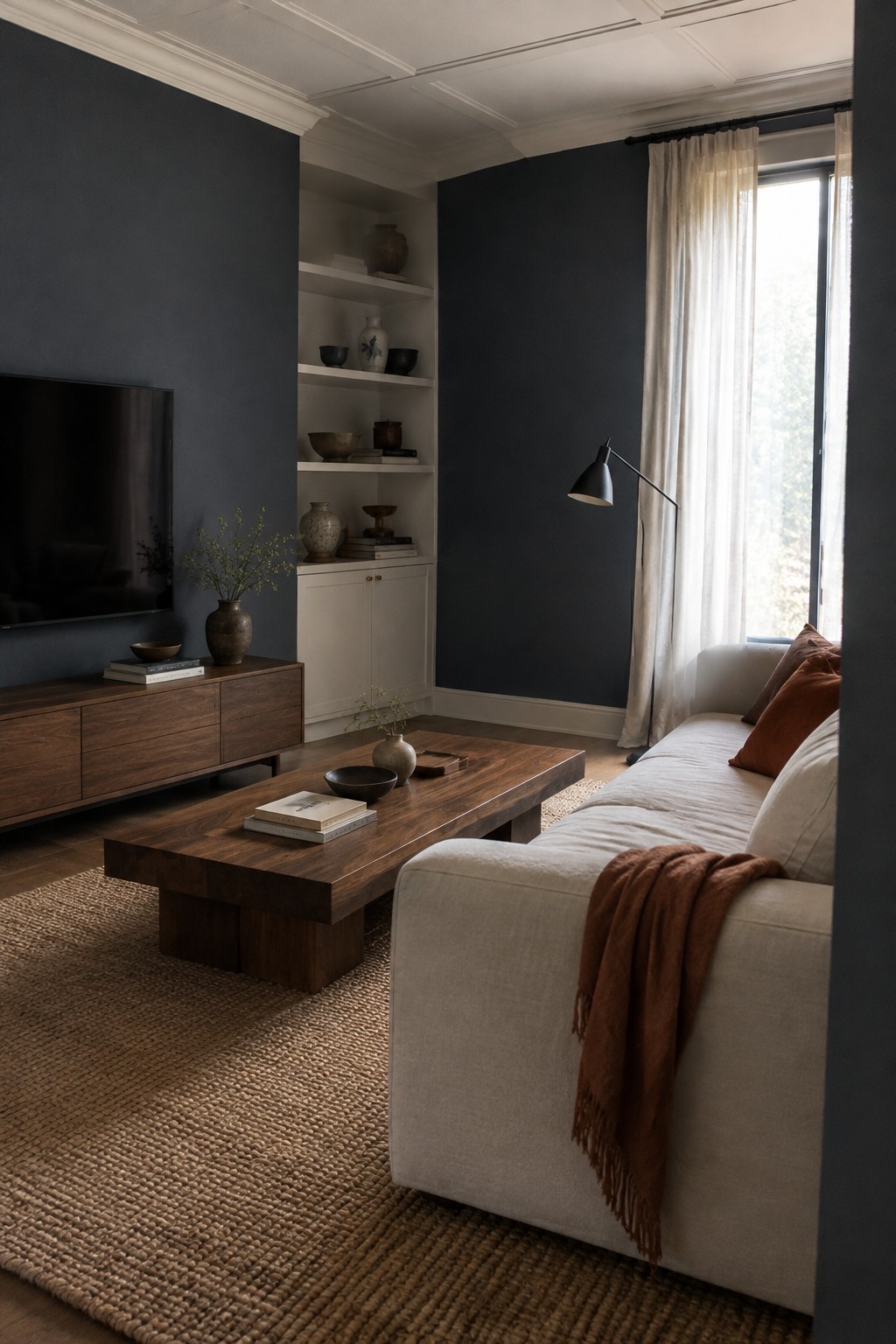 Dark charcoal living room walls beside walnut furniture and white trim.