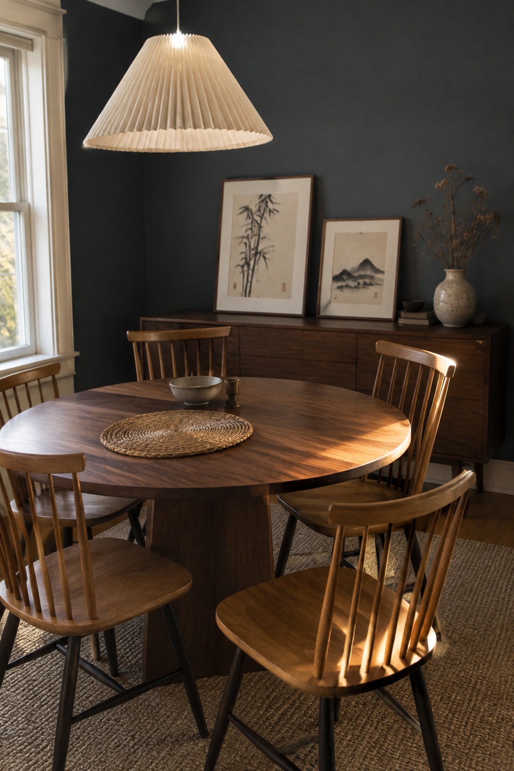 Charcoal dining room walls paired with a rich walnut table and sideboard.