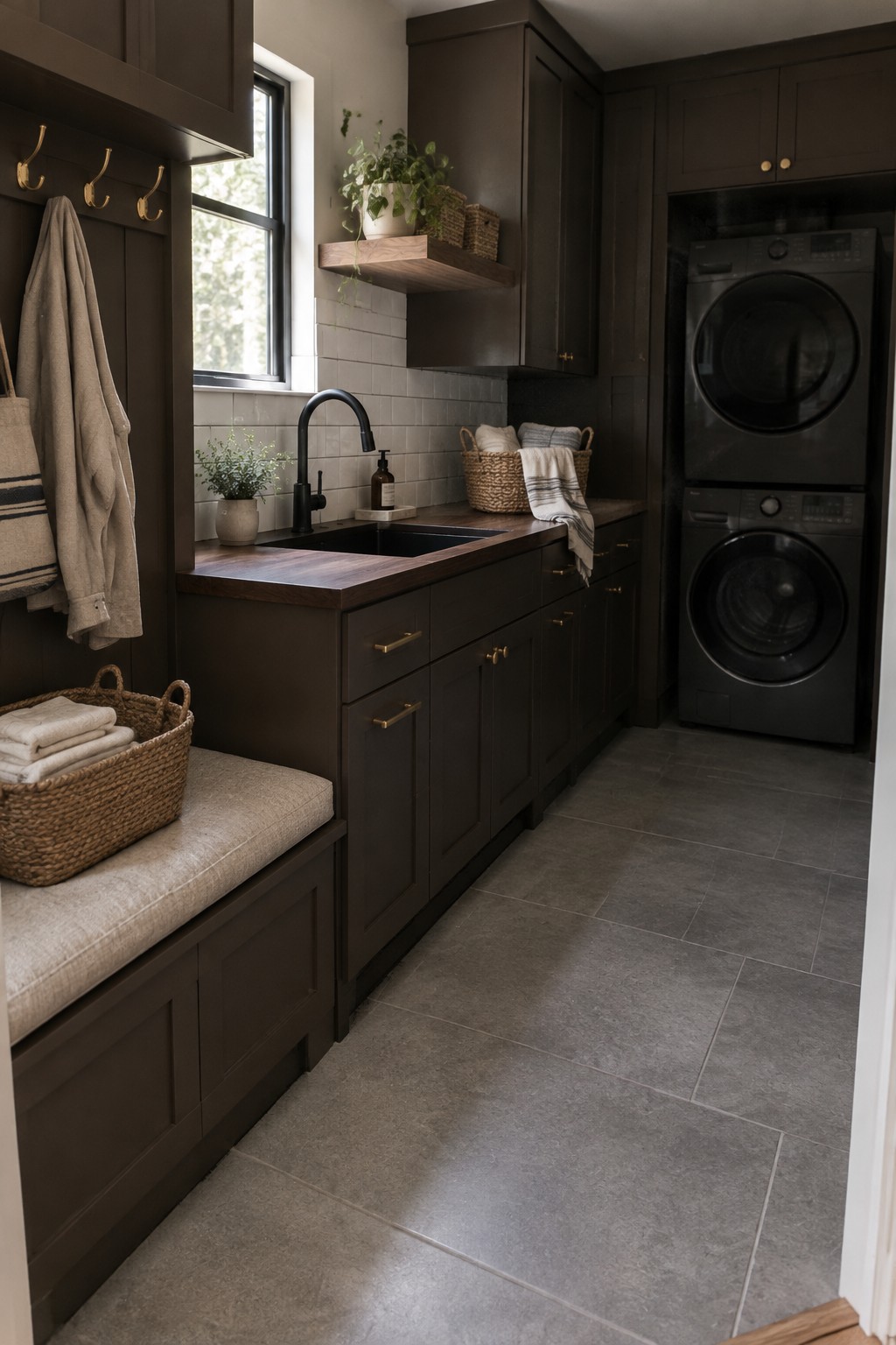 Dark charcoal cabinets with walnut counters in a laundry room.