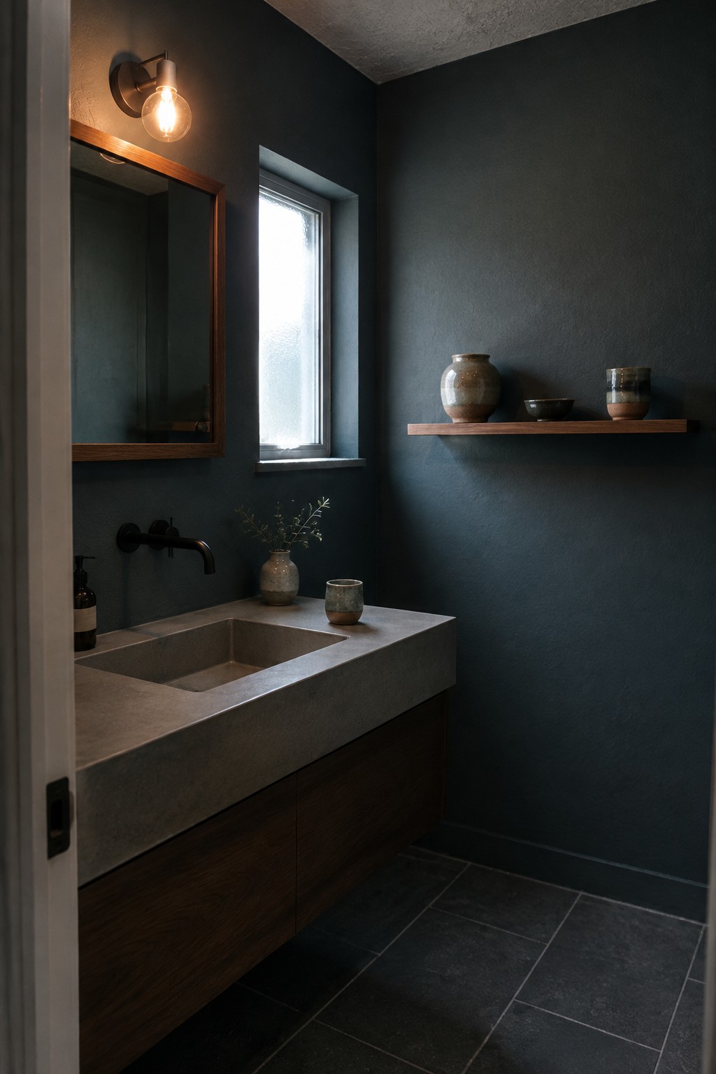 Deep blue-gray painted bathroom walls beside a walnut vanity.