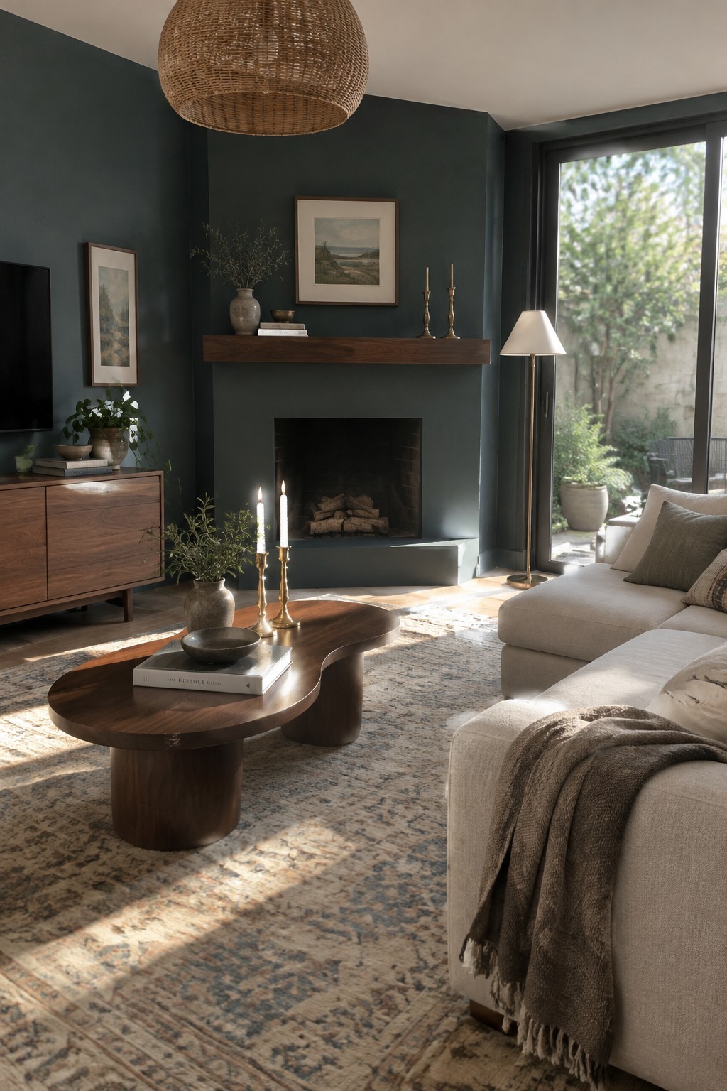 Deep blue-green painted walls surround a fireplace in a living room with walnut furniture.