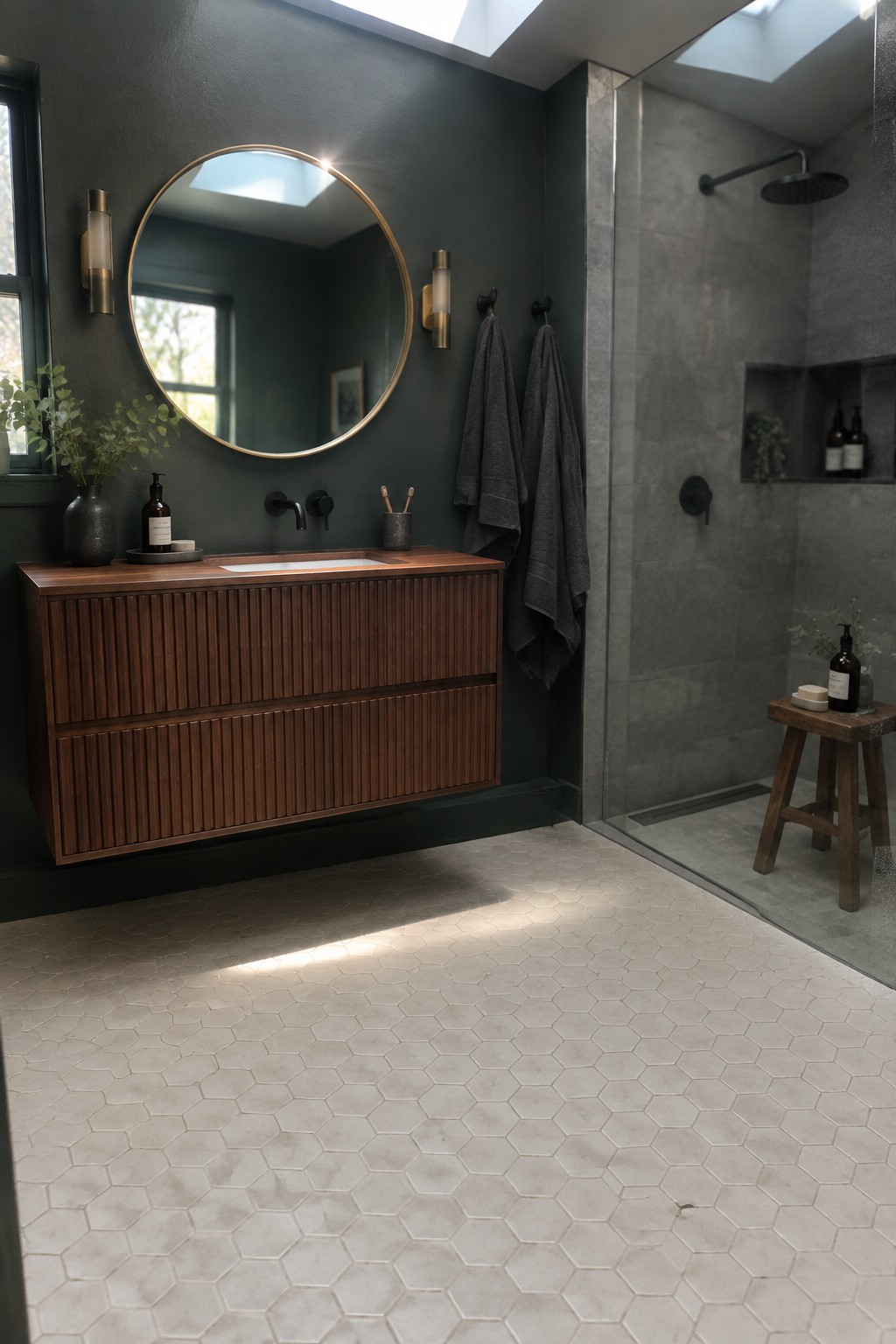 Dark charcoal-green bathroom walls sit beside a walnut vanity.