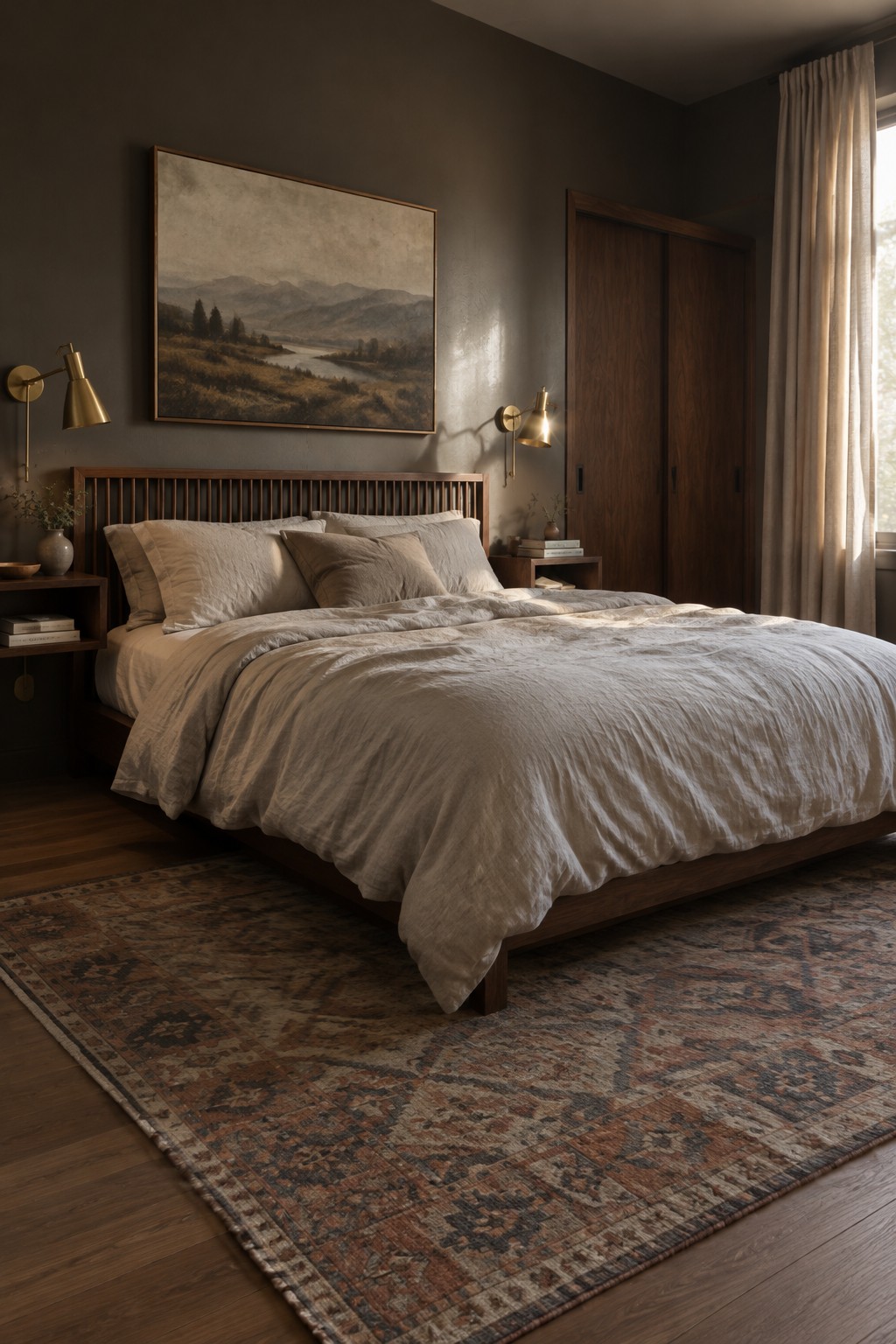 A bedroom with warm charcoal walls behind a walnut slat headboard.