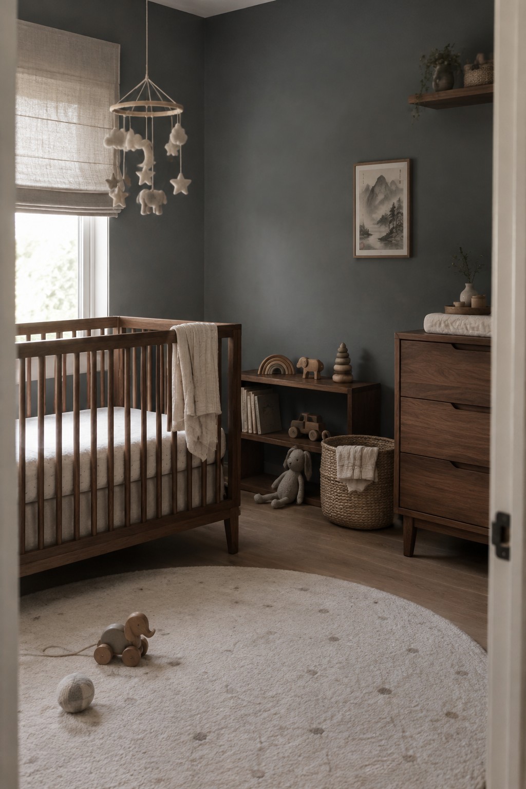 Deep charcoal-gray nursery walls paired with walnut furniture and a dark wood crib.