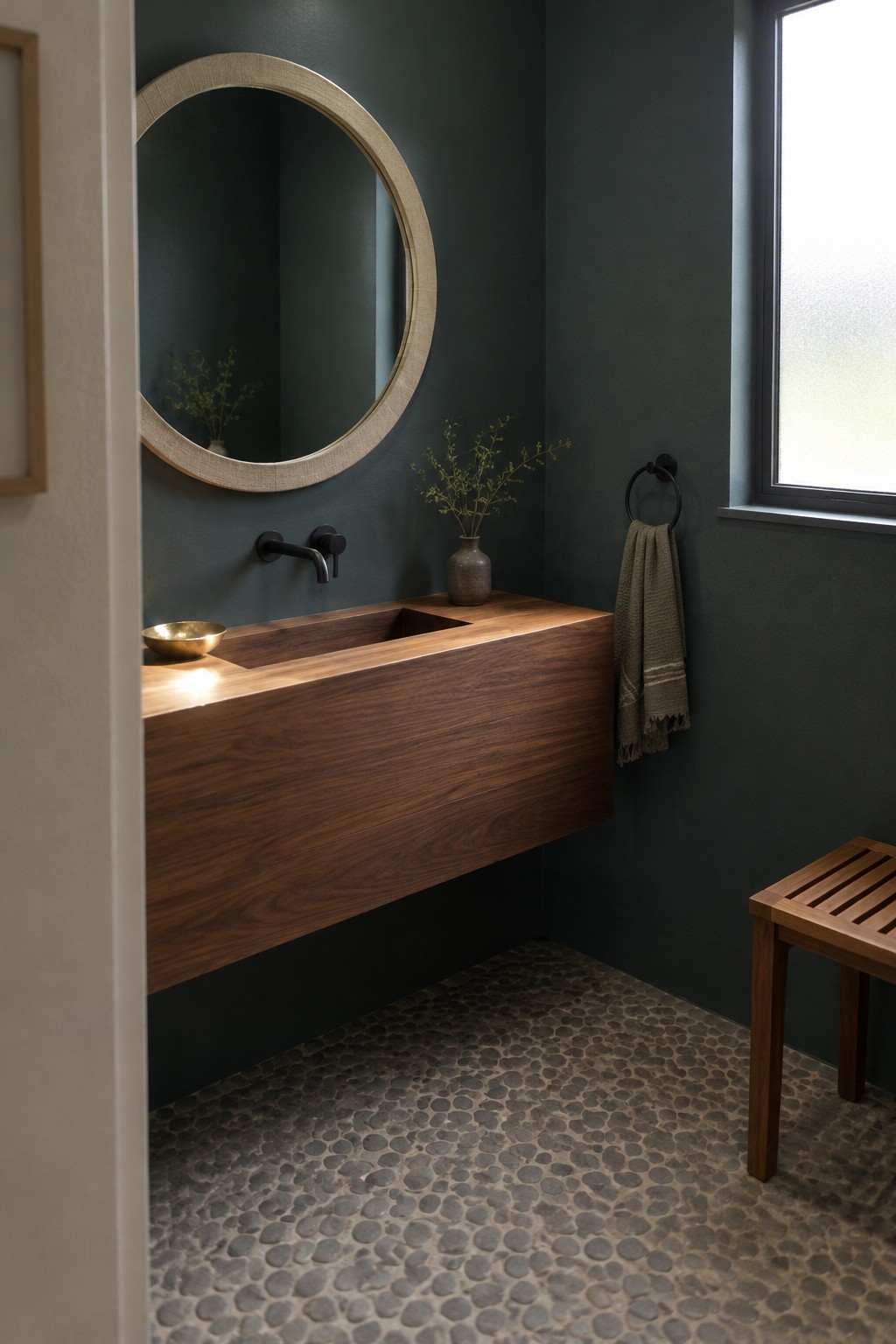 Deep green bathroom walls surround a walnut vanity and round mirror.