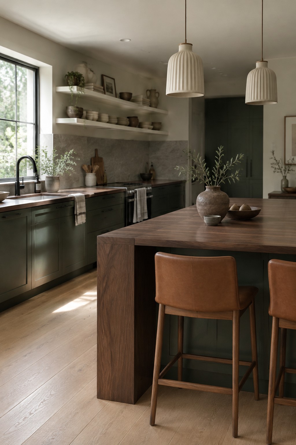 Deep olive kitchen cabinets paired with a rich walnut island.