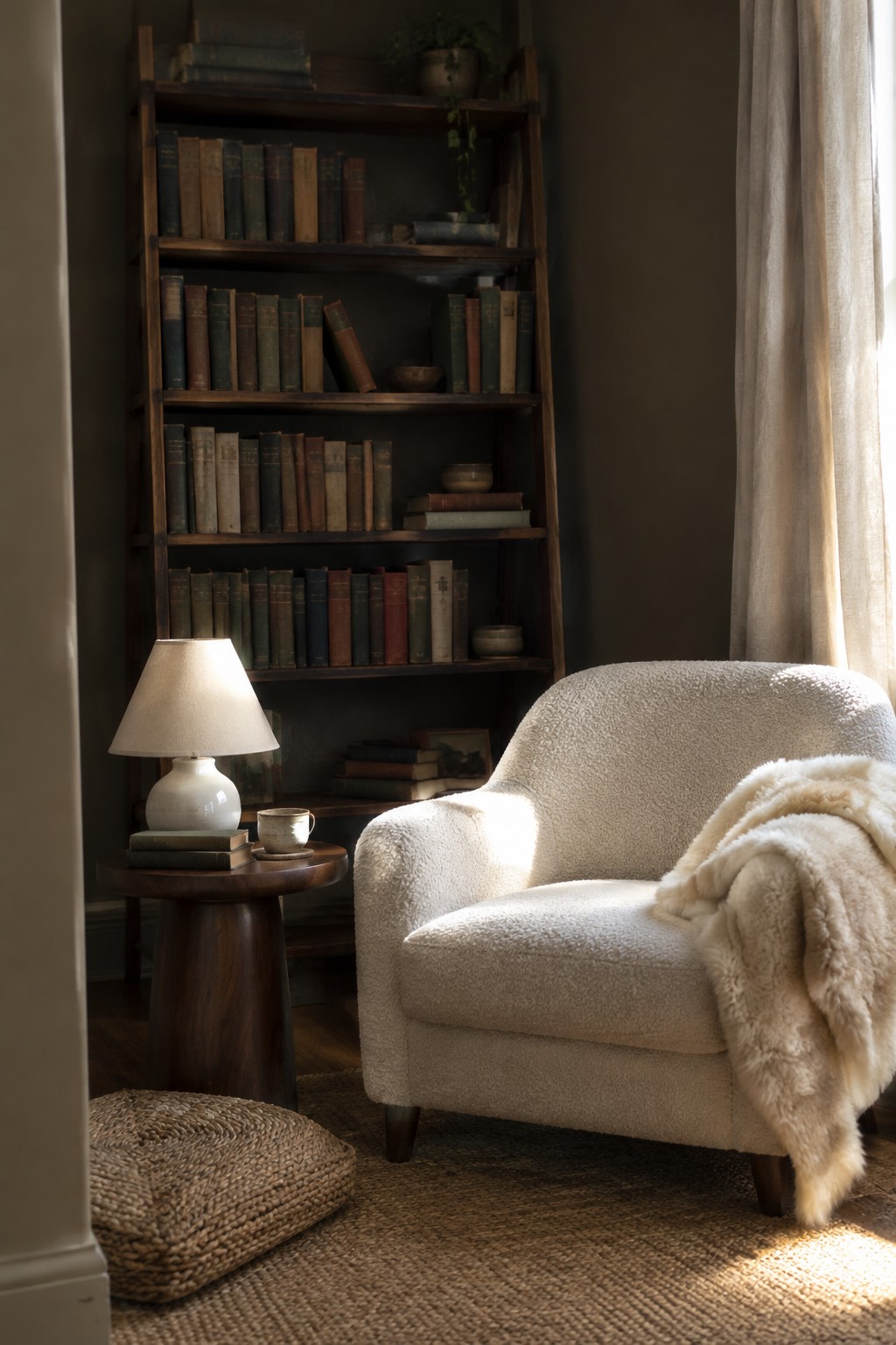 Deep olive walls behind a walnut bookcase in a cozy reading nook.