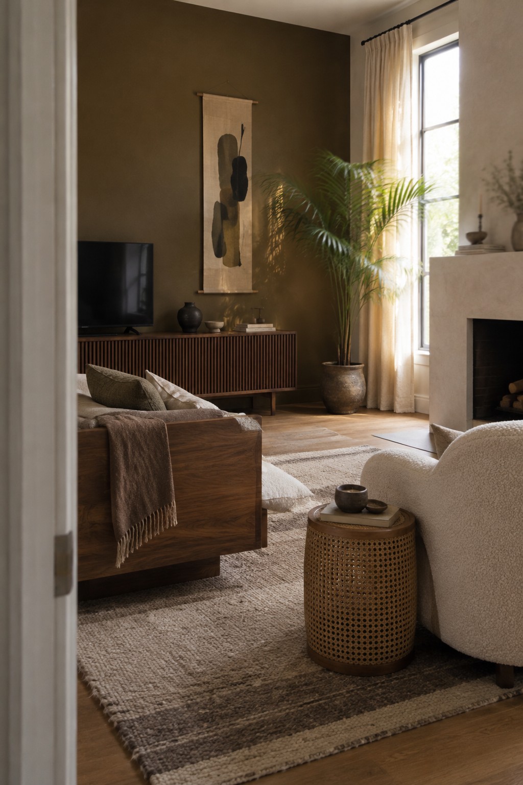 Deep olive living room walls beside a walnut media cabinet.