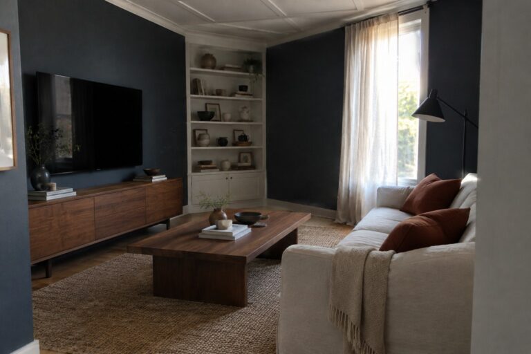 Dark charcoal living room walls beside walnut furniture and white trim.