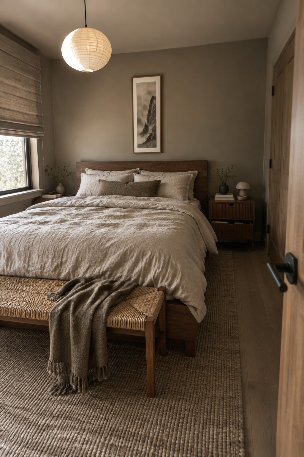 Warm taupe bedroom walls paired with a walnut headboard.