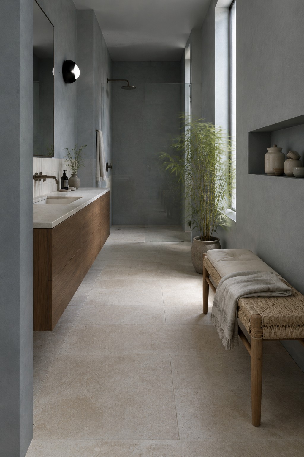 Cool gray painted bathroom walls beside a warm wood vanity.