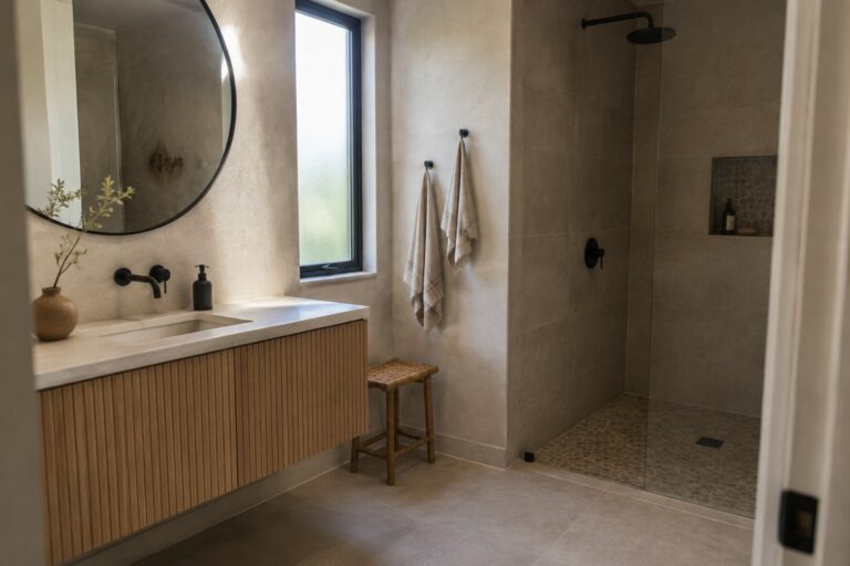 Warm beige stone-colored bathroom walls beside a fluted oak vanity and tiled shower.