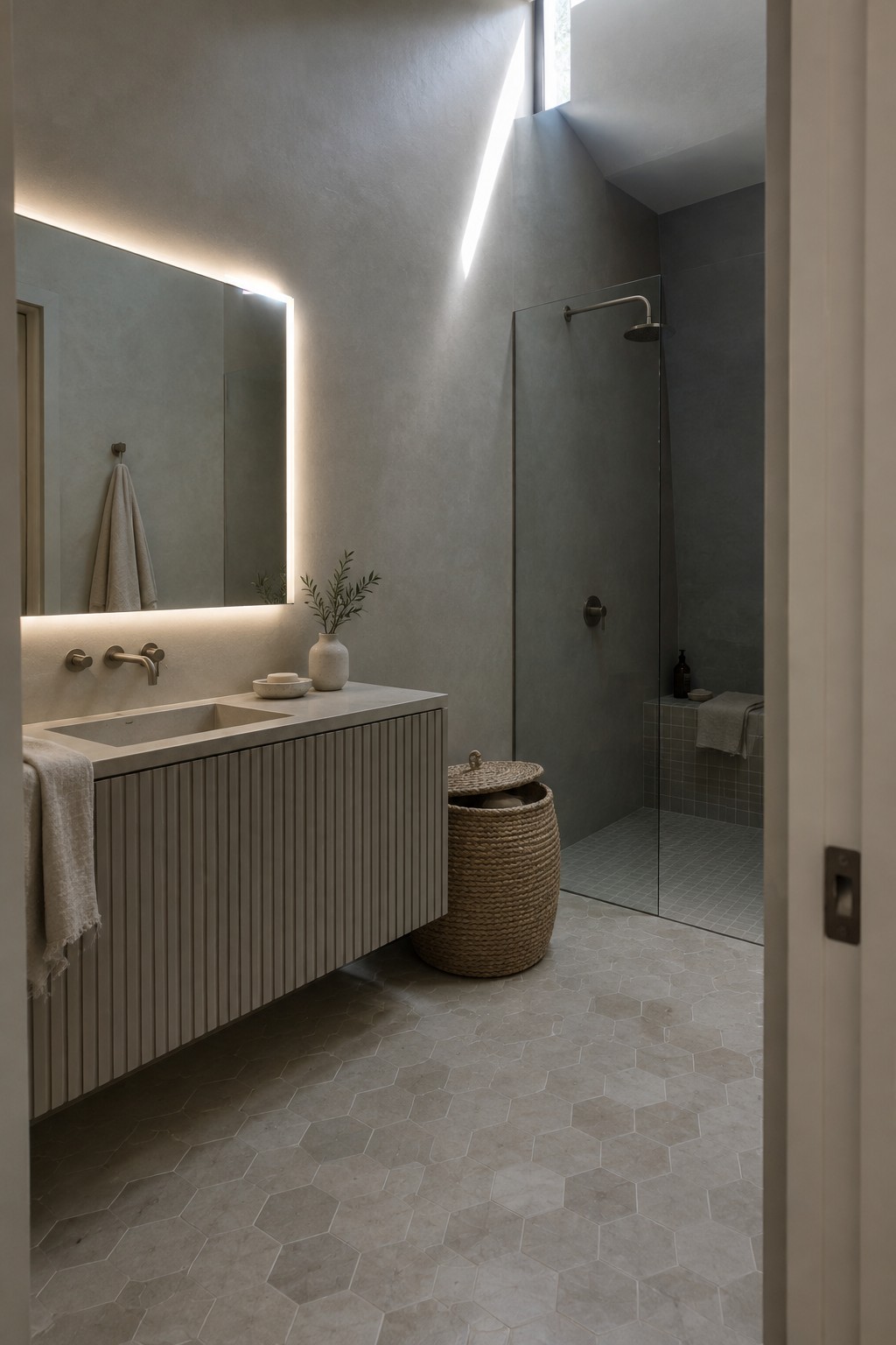 Warm gray-beige painted walls in a bathroom with a skylight and dark shower tile.
