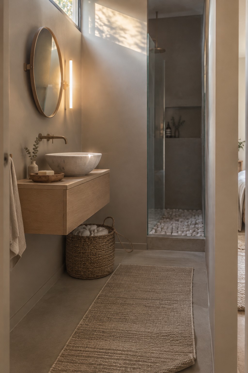 Warm greige bathroom walls beside a floating oak vanity and glass shower with a pebble floor.