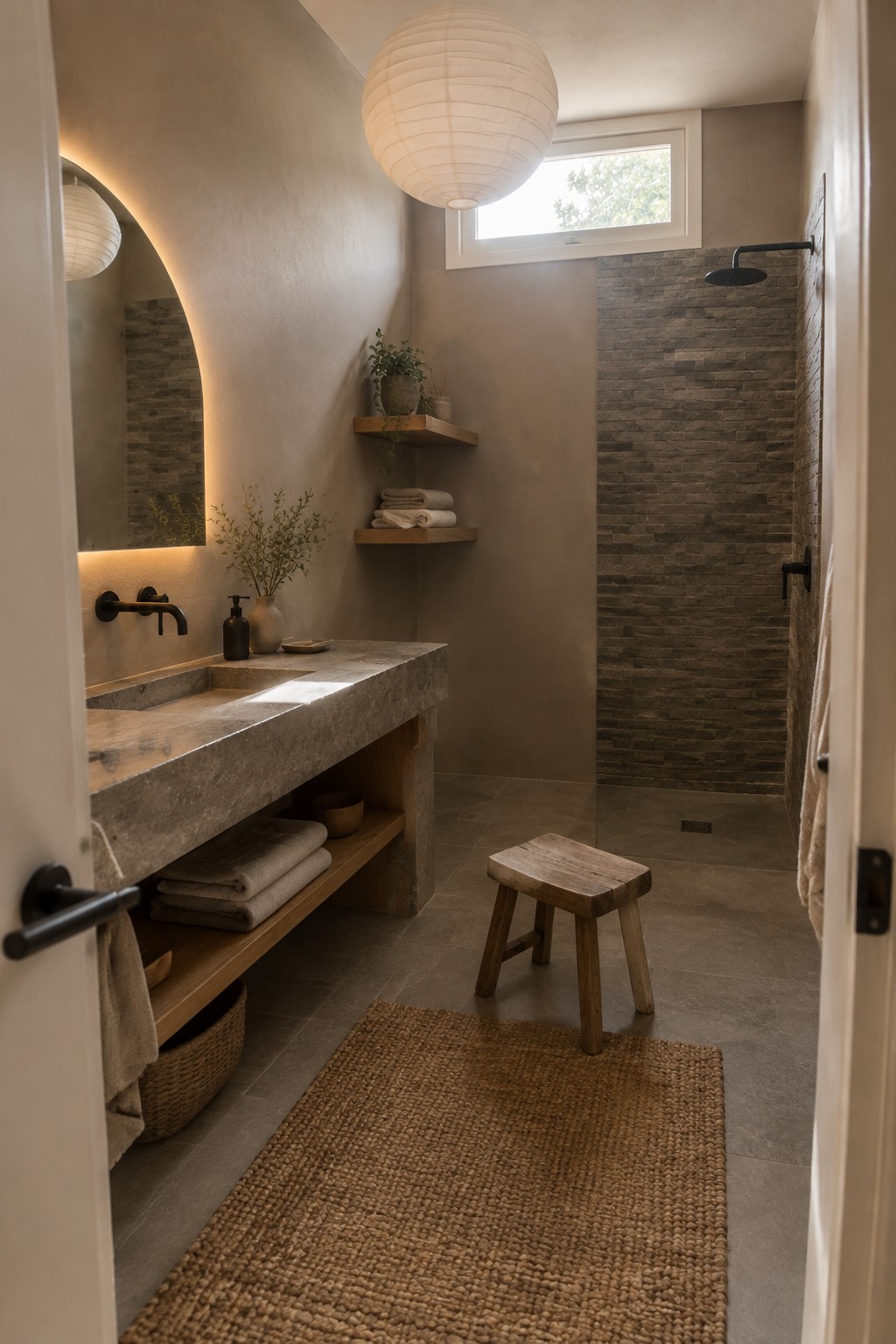 Warm greige bathroom walls beside dark stone shower tile.