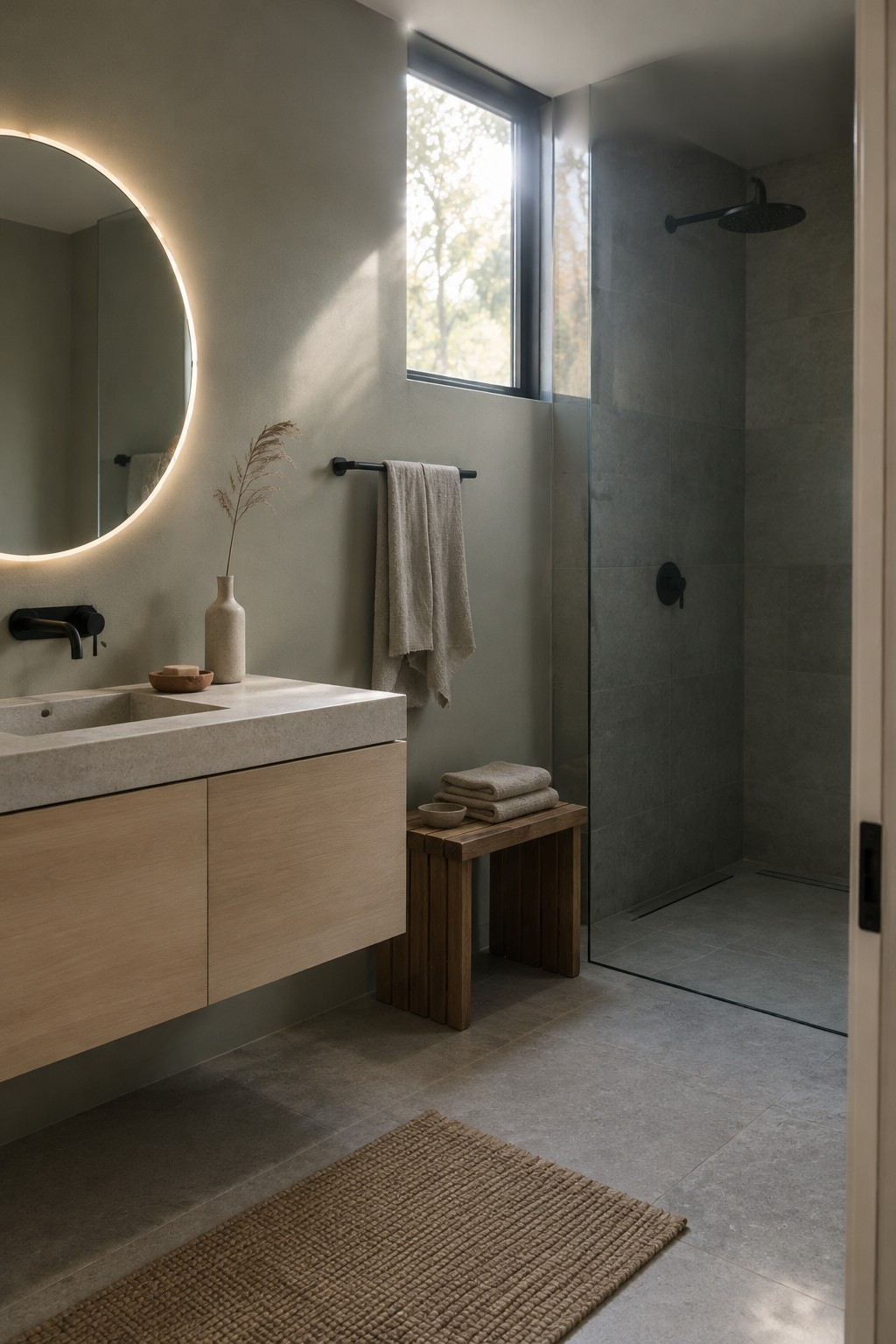 Warm greige bathroom walls beside a dark gray tiled shower and oak vanity.