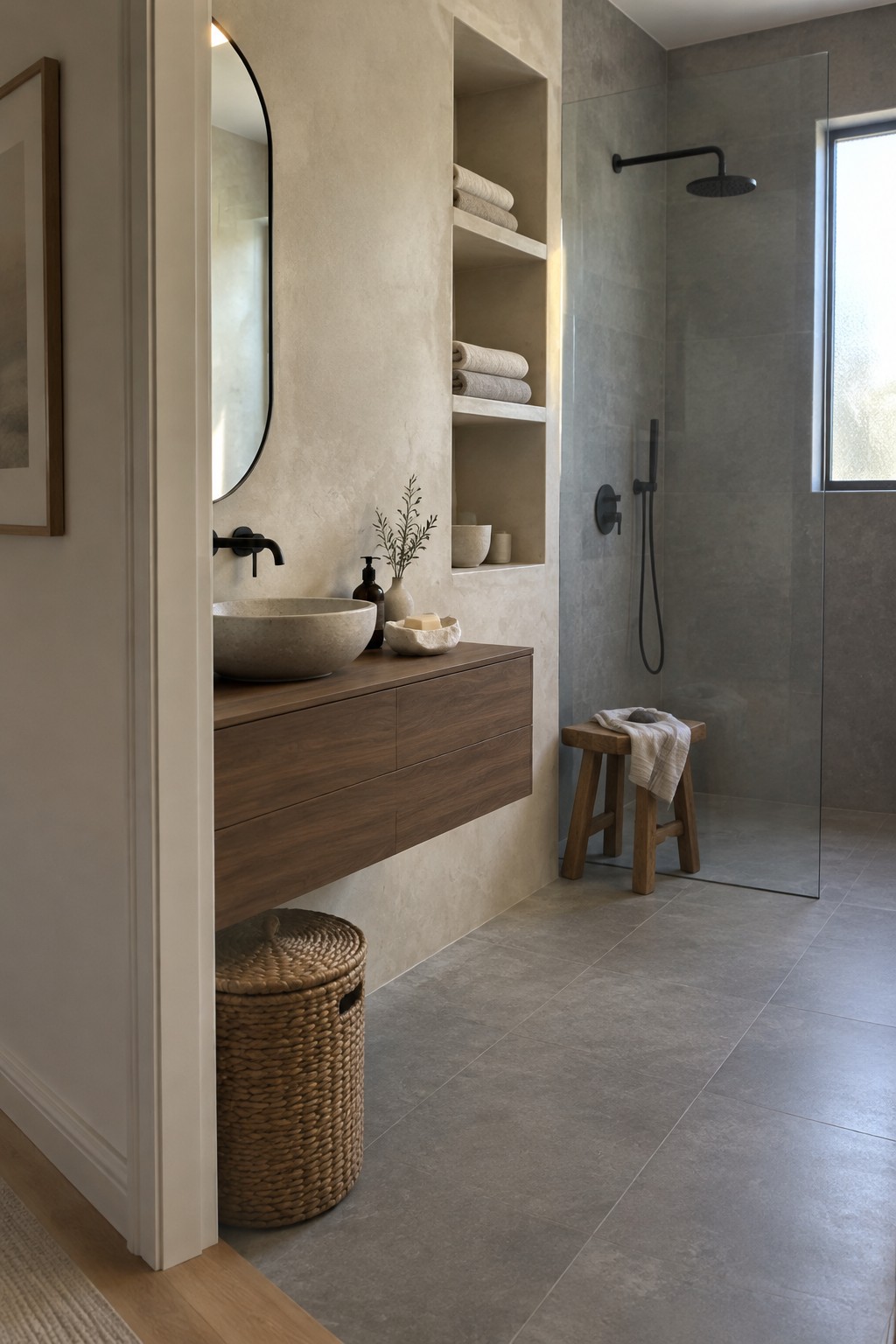 Warm greige bathroom walls beside a gray tiled walk-in shower.