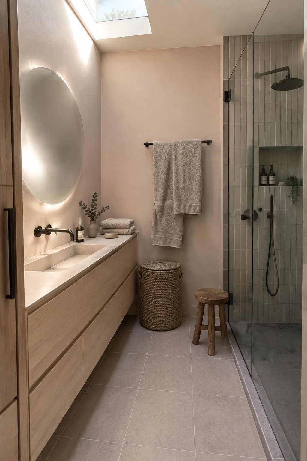 Warm greige painted walls beside gray tile in a Japandi-style bathroom.