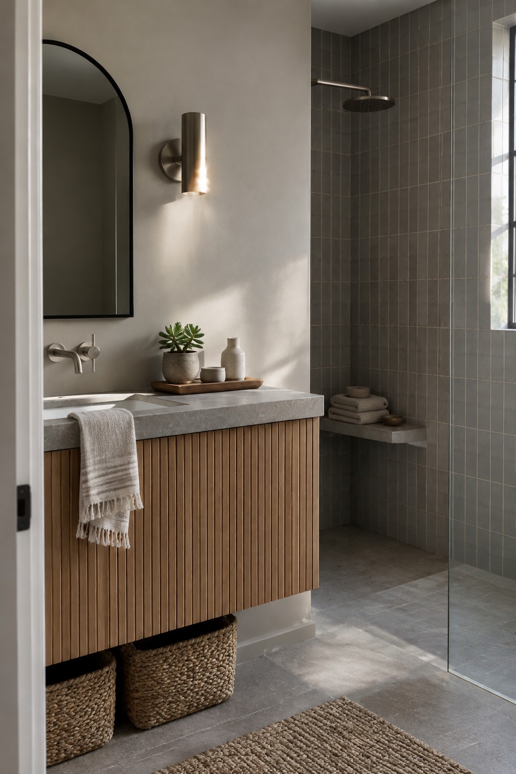Warm greige bathroom walls beside a glass shower with vertical gray tile and an oak vanity.