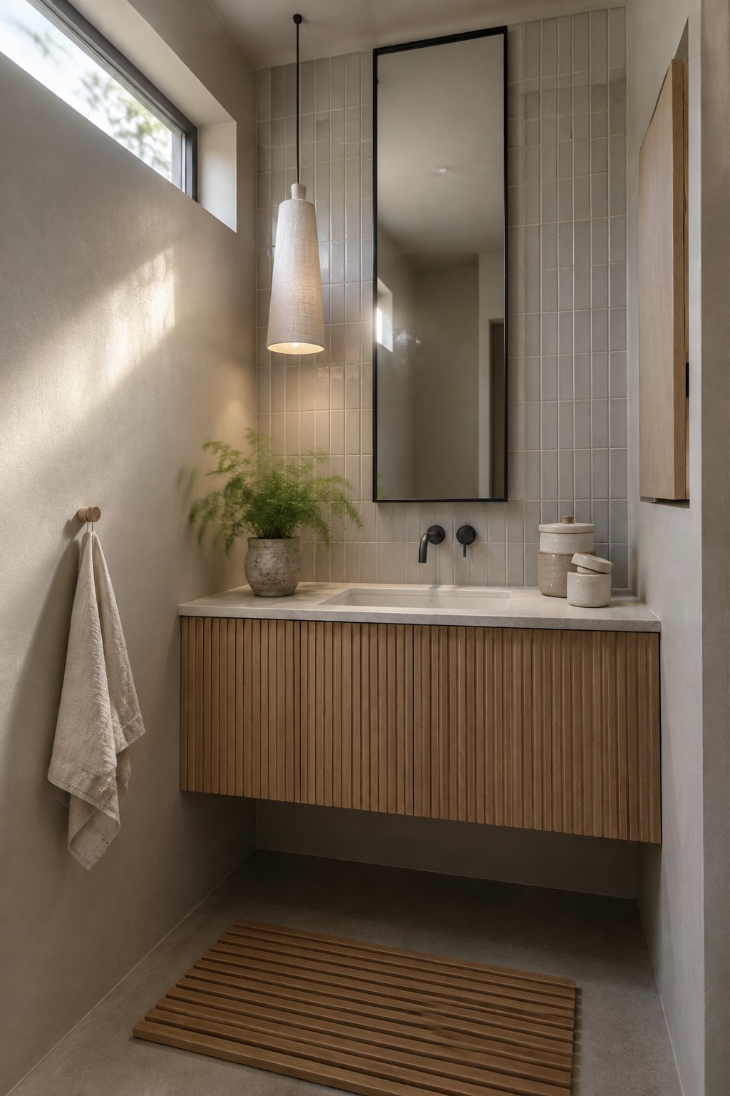 Warm greige bathroom walls beside vertical tile and a floating oak vanity.
