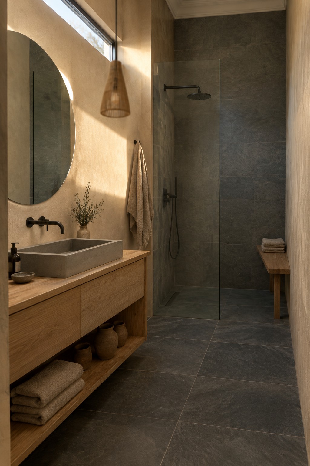 Warm beige painted walls beside dark stone shower tile in a Japandi bathroom.