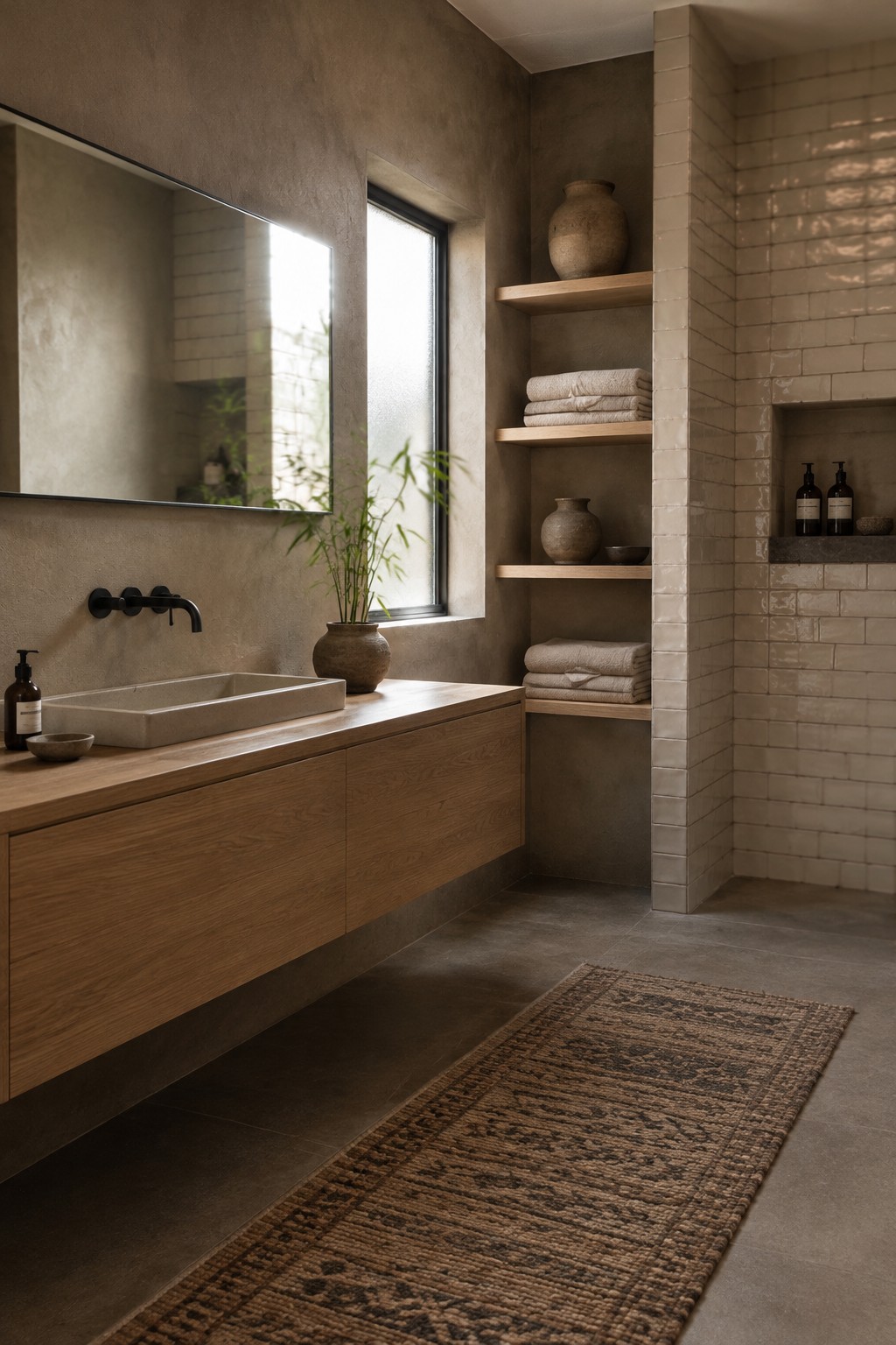 Warm taupe plaster walls in a bathroom with a floating oak vanity and stone finishes.