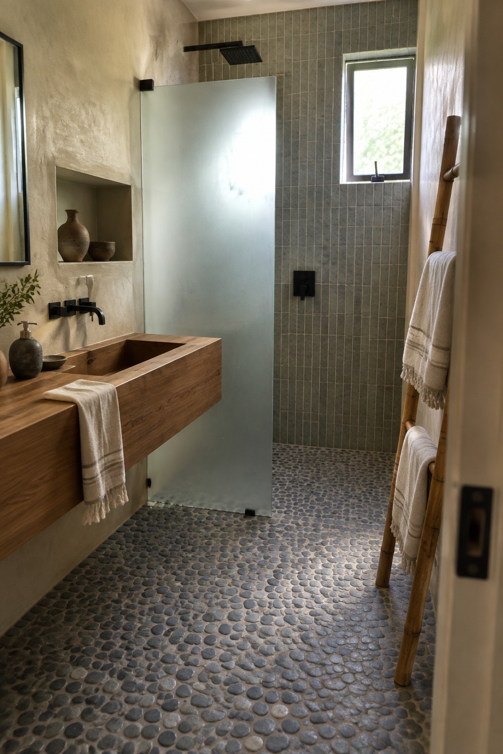 Warm beige plaster walls in a bathroom beside a pebble shower floor.