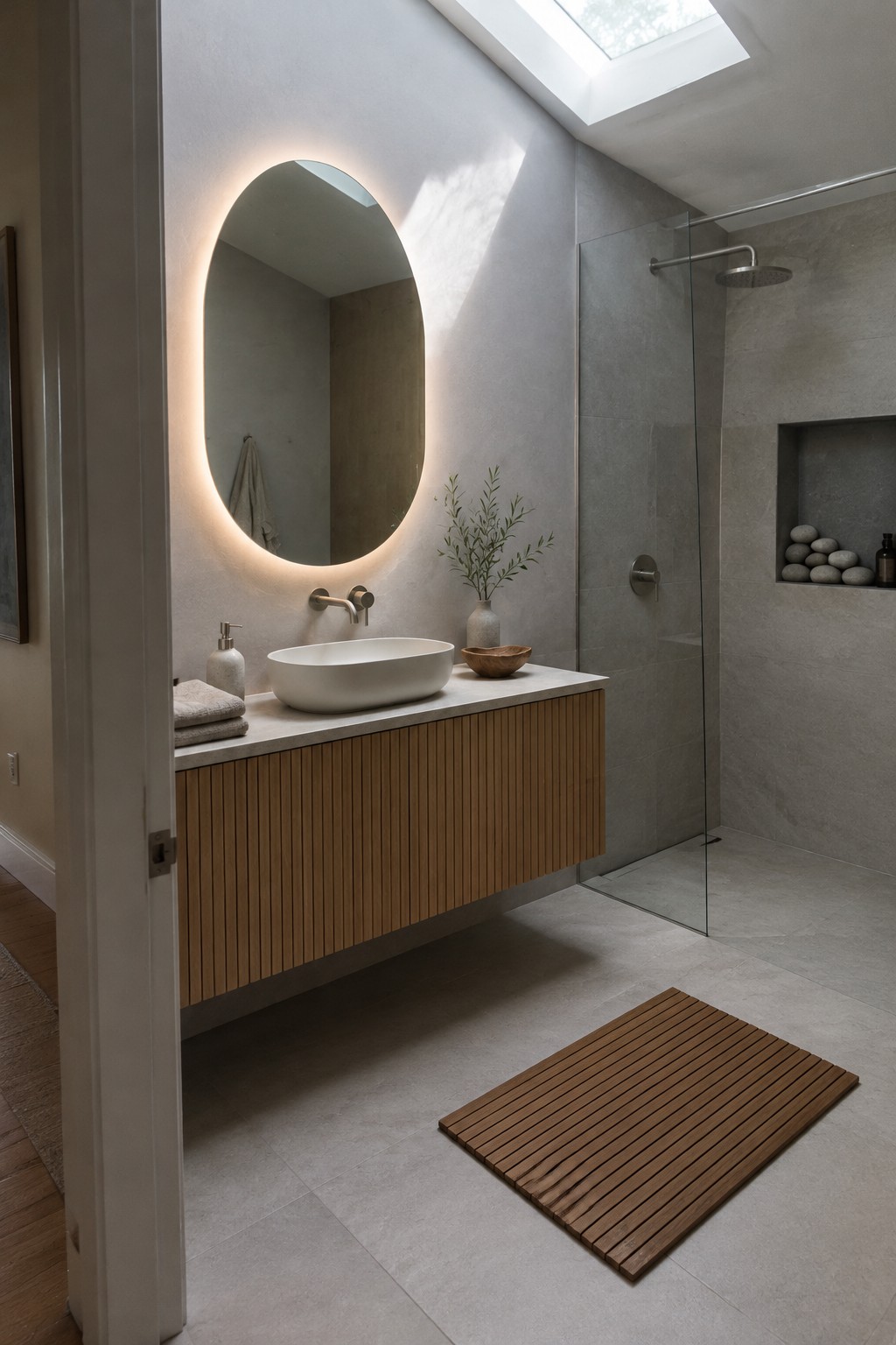 Warm greige bathroom walls surround a floating oak vanity beneath a skylight.