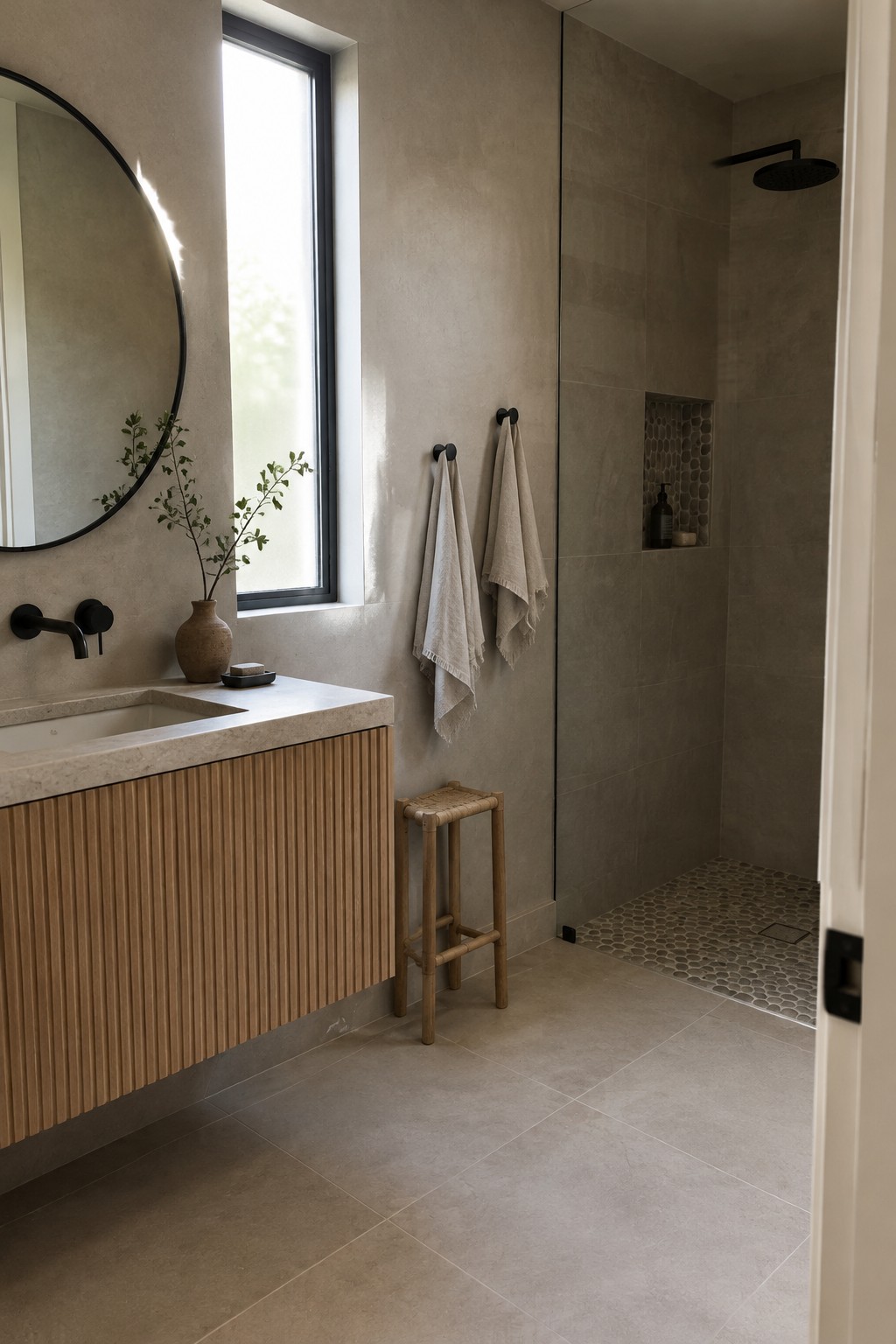 Warm beige stone-colored bathroom walls beside a fluted oak vanity and tiled shower.