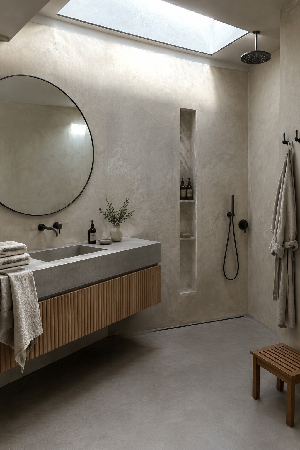 Warm stone-colored bathroom walls beside a concrete vanity and wood cabinetry.